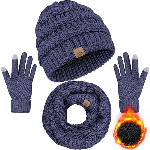 Winter Beanie Hat Scarf Gloves, Warm Fleece Knit Winter Hats Touch Screen Gloves Neck Scarf Set Winter Gifts for Women Men