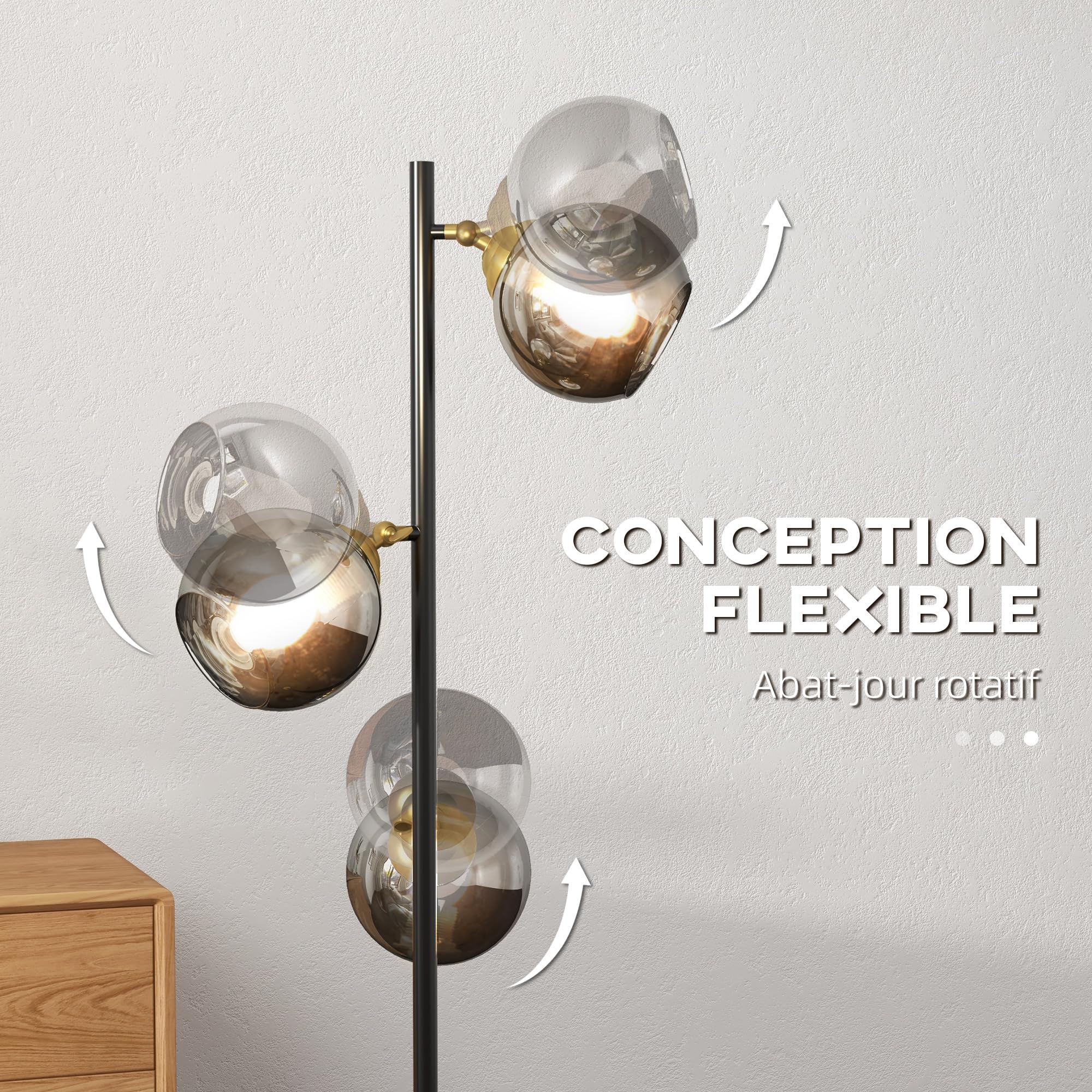 HOMCOM Lampada da Terra in Metallo ad Albero, Lampada per Soggiorno con 3 Paralumi in Vetro, Ø36x162 cm, Nero e Grigio
