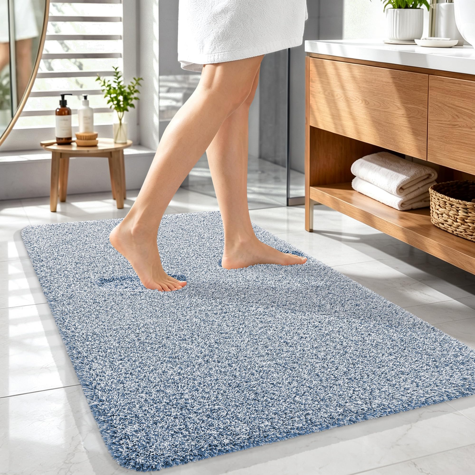 OLANLY Microfiber Soft Bathroom Rugs Mats 44x32, Cornflower Blue and White