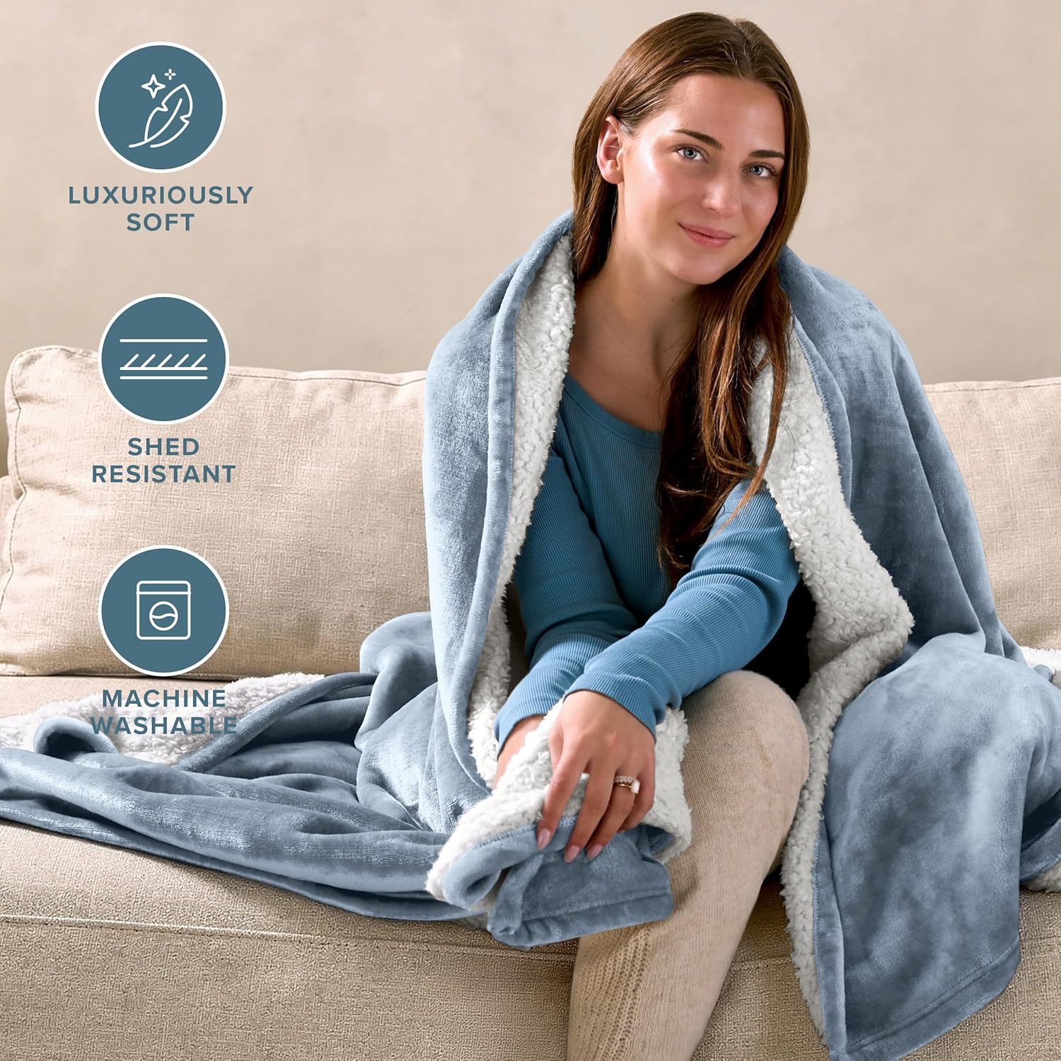 Bare Home Sherpa Fleece Blanket - Twin/Twin Extra Long - Blanket for Bed, Sofa, and Couch - Warm & Lightweight - Fluffy & Soft - Reversible (Twin/Twin XL, Dusty Blue) - Image 3