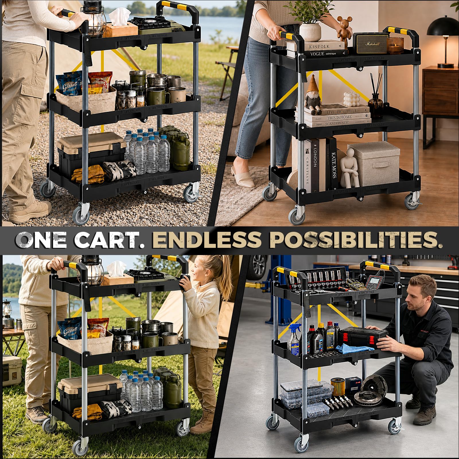 KINGRACK Carro Herramientas Resistente 3 Niveles Plegable con Ruedas | Carro multiusos ahorra espacio con ruedas silenciosas bloqueables para garaje, bricolaje, lavado coches, hogar y camping