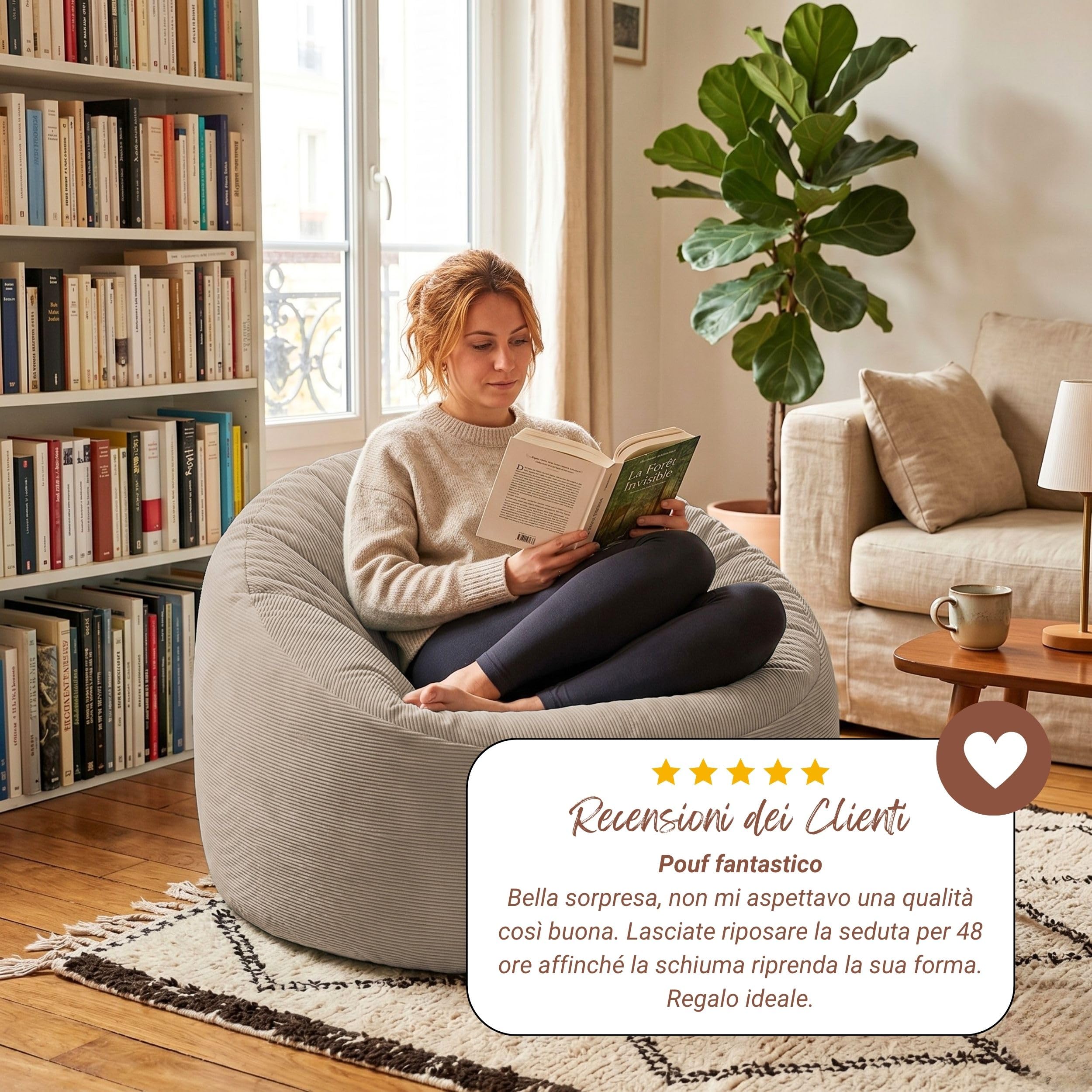 bananair - Pouf Poltrona Sacco in Velluto a Coste - Morbido e Confortevole - Imbottitura in Schiuma, Ottimo Supporto per la Schiena - Pouf Divano Gigante (100 cm, Beige)