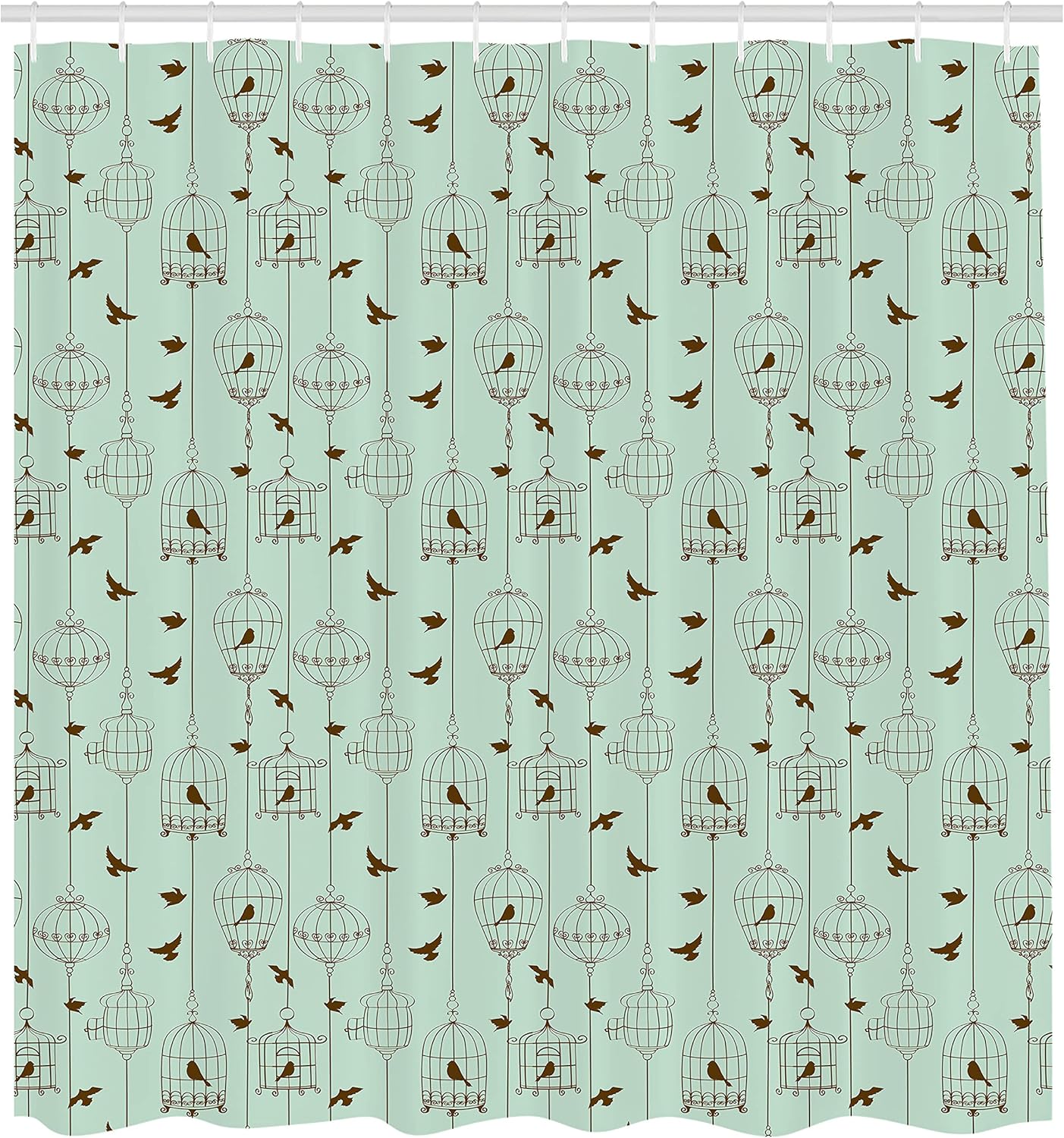 Ambesonne Vintage Shower Curtain, Pattern with Birds and Cages Illustration Freedom and Escape Artwork, Cloth Fabric Bathroom Decor Set with Hooks, 69" W x 75" L, Mint Green Army Green