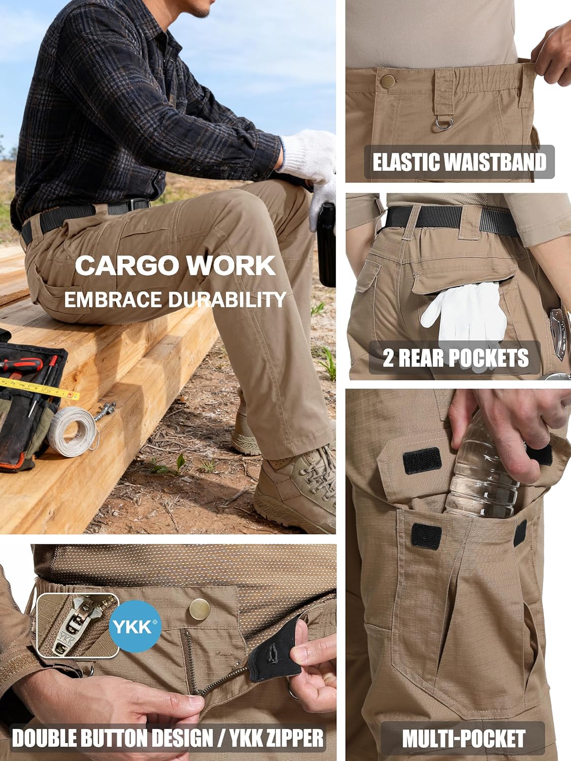 Men's Tactical Pants Water Resistant Ripstop Cargo Pants Outdoor Lightweight EDC Hiking Work Construction Pants