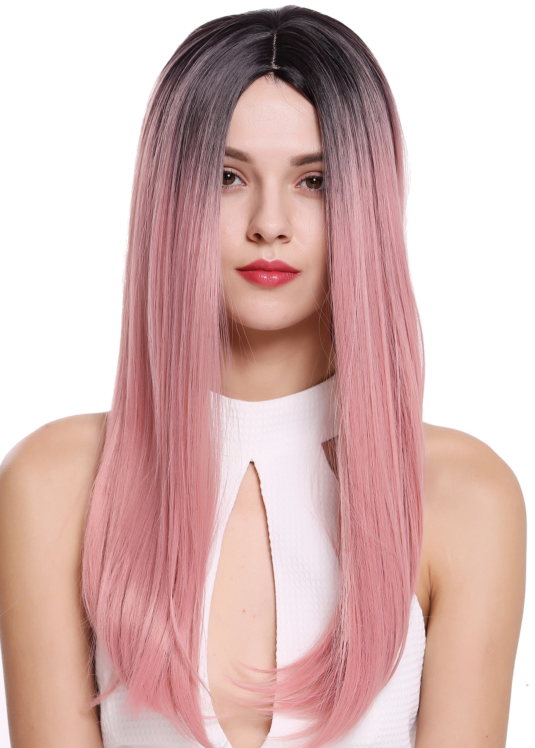 WIG ME UP, ZM-1791-T2312R1B Lady Quality Wig Long Straight Middle-Parting Ombre Black Pink, Black pink (T2312R1B)