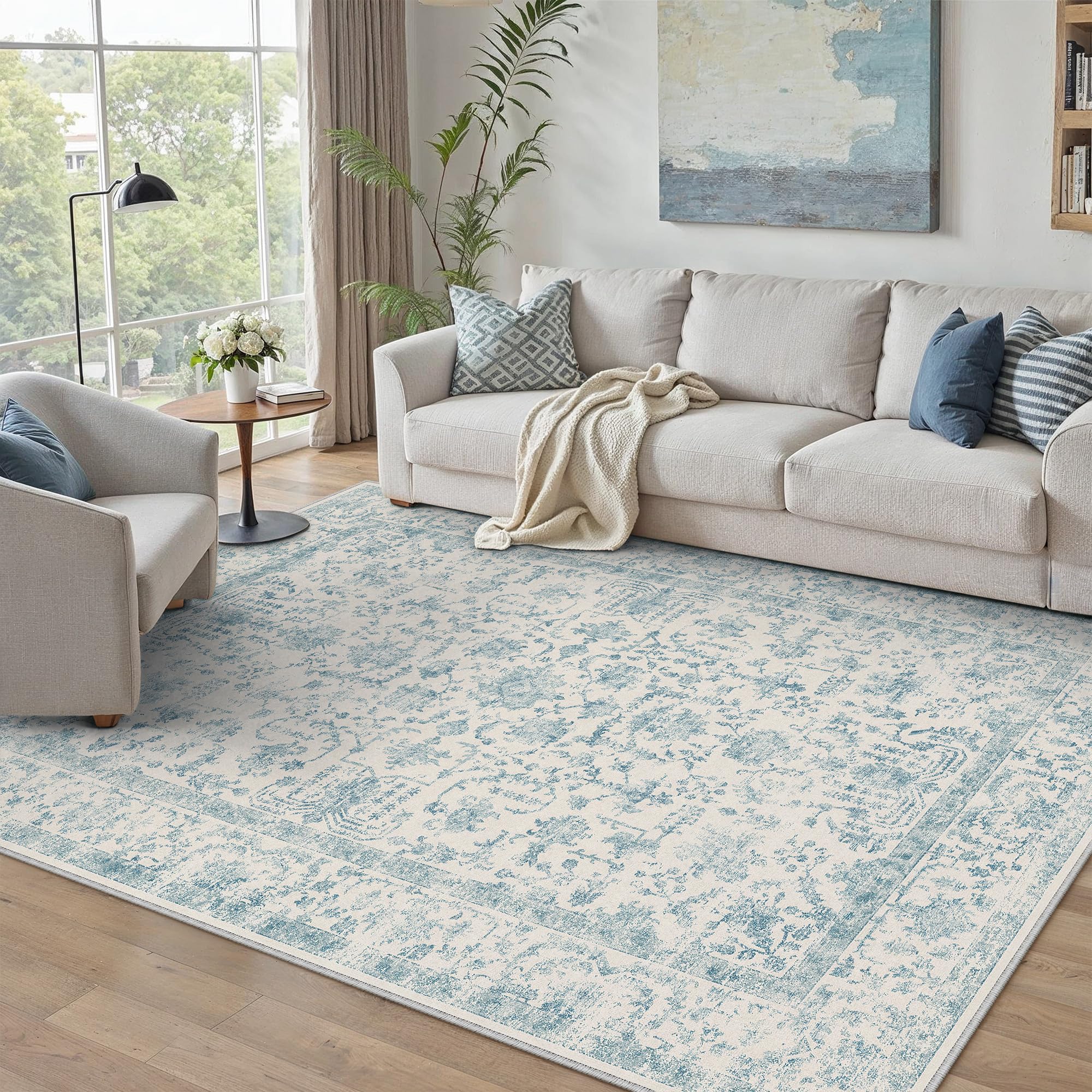 PureCozy Vintage Rugs Living Room Area Blue Rug 160x230cm Washable Large Bedroom Rugs Non Slip Soft Hall Lounge Dining Room Office Indoor Low Pile Carpet