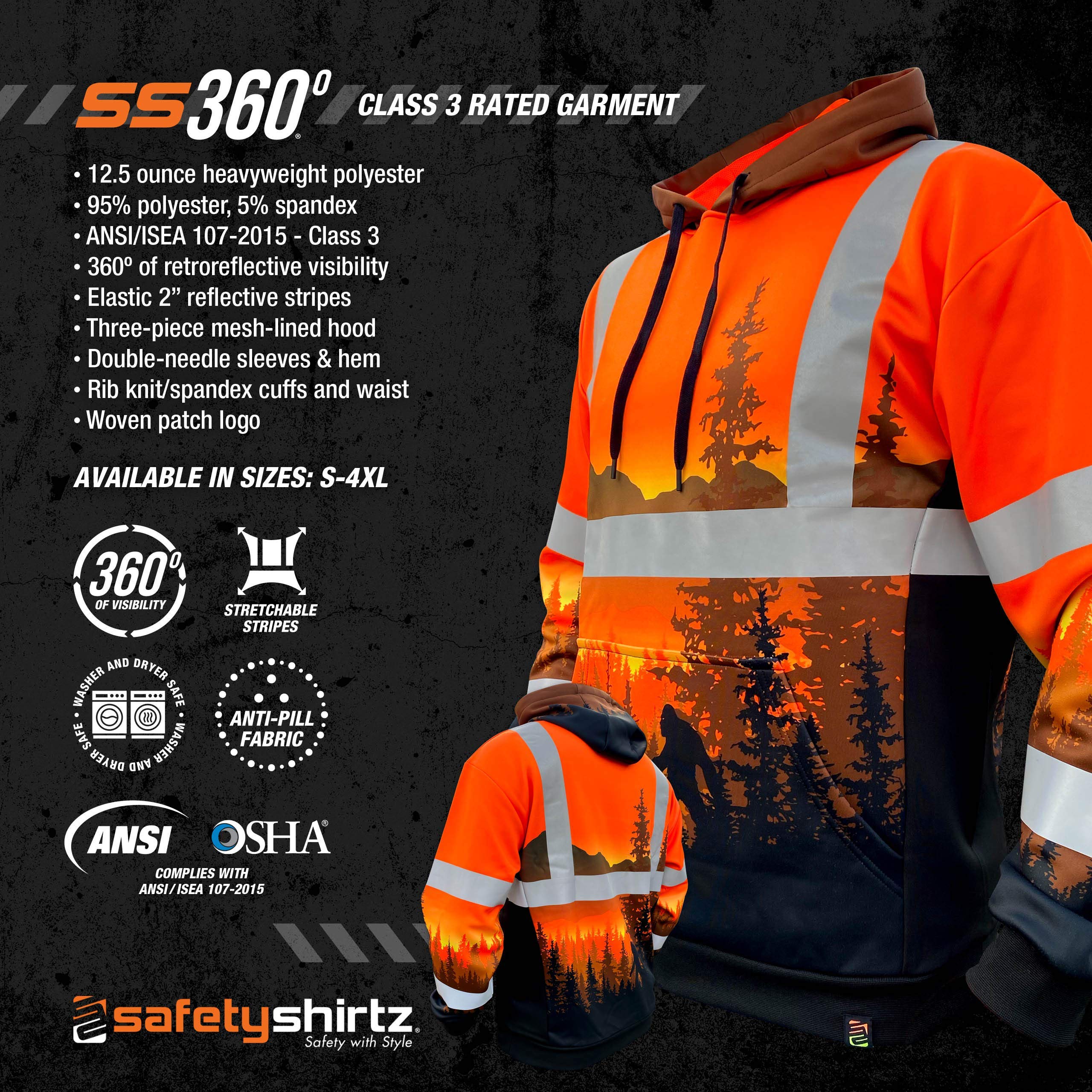 SafetyShirtz SS360º Wildland Sasquatch Hi Vis Hoodie for Men - Heavy-Duty Polyester with Soft Combed Fleece Interior - Class 3 Type R - Meets ANSI/ISEA 107-2015, Orange - Small