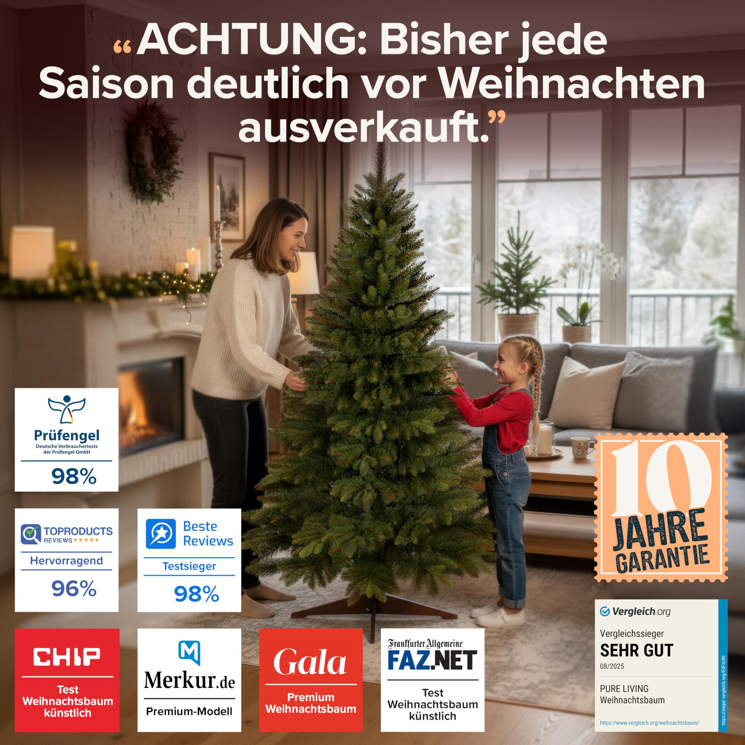 Premium Weihnachtsbaum künstlich 180cm - TESTSIEGER 10 Jahre GARANTIE - Naturgetreu, dichte Zweige, Künstlicher Weihnachtsbaum mit Holzständer, Christmas Tree Tannenbaum künstlich 180 cm Pure Living