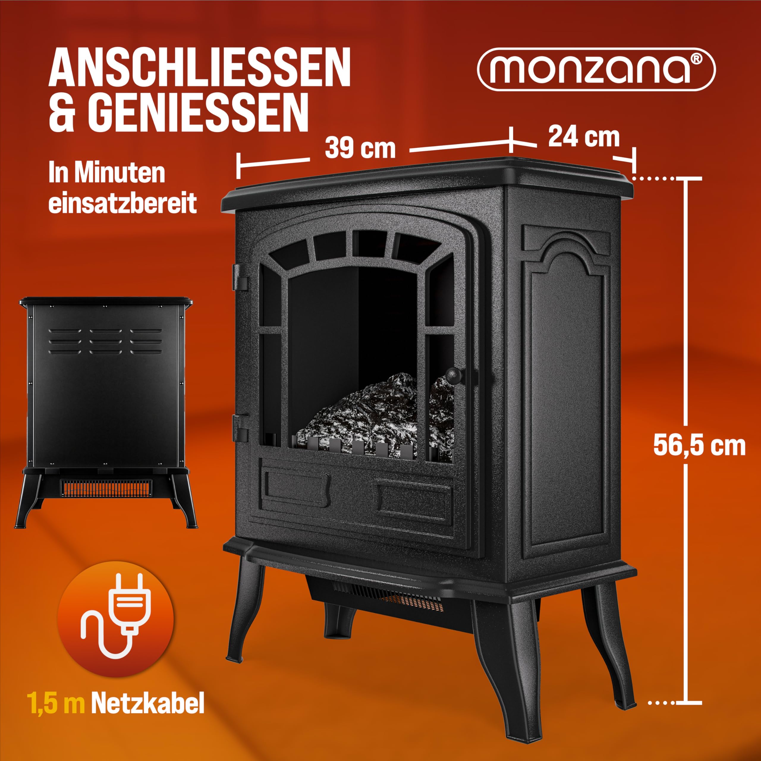 MONZANA® Elektrokamin mit LED Flammeneffekt Heizlüfter 2000W 2 Heizstufen Kamin Ofen Heizung Wohnzimmer 39x24x57cm Schwarz