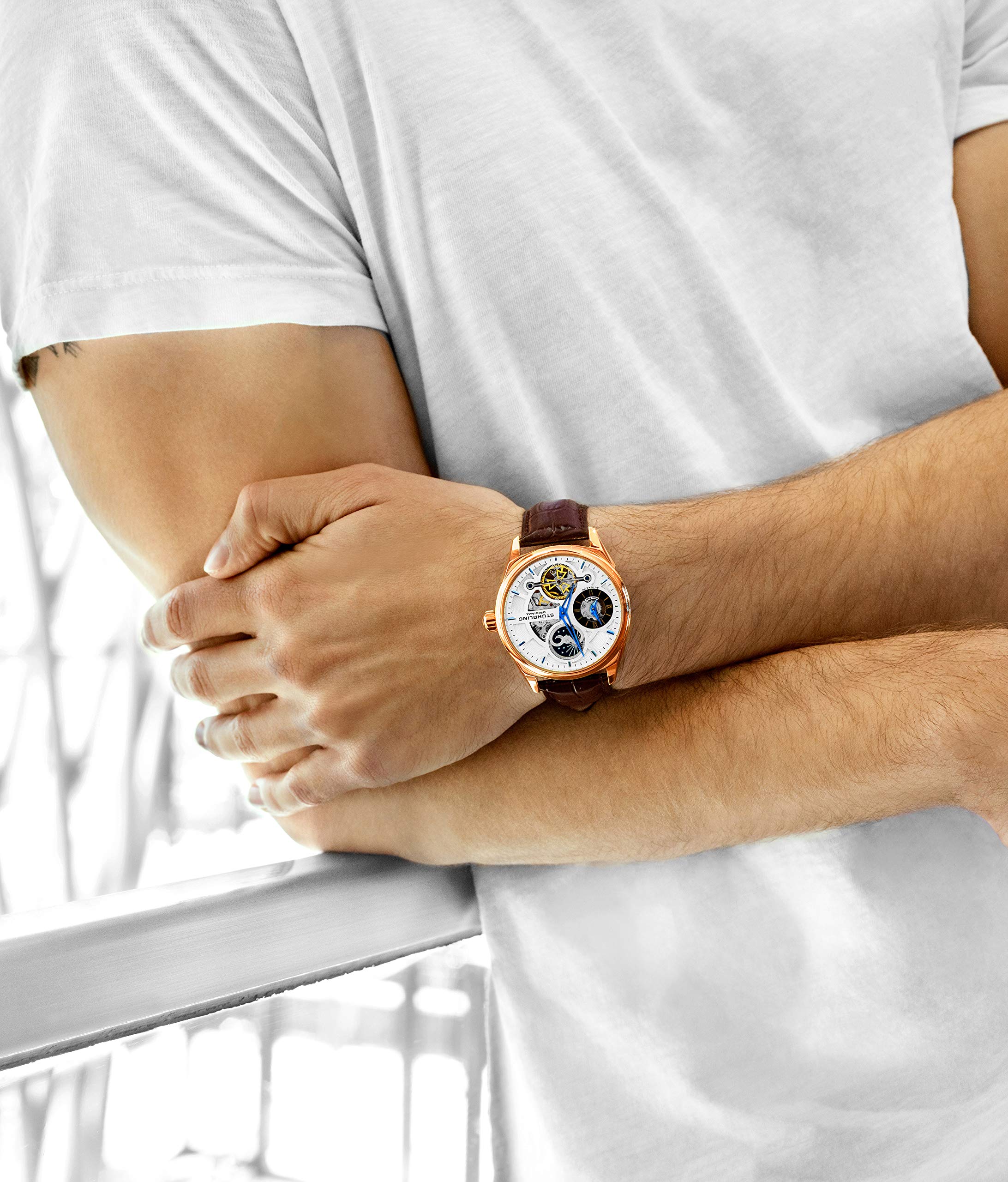 Stuhrling Original Skeleton Dress Analoguhr für Herren, automatische mechanische Armbanduhr, vergoldet/Edelstahl, Armband aus echtem Kalbsleder