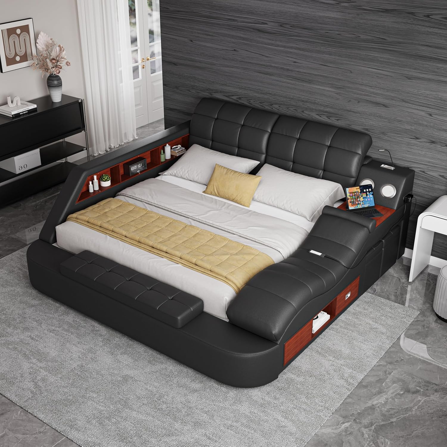 King Size Smart Multifunctional Bed Frame, Platform Bed with Massage Recliner, Bluetooth Speaker, USB Charging, Multifuncion Storage Drawers, Leather Headboard, Easy Assembly, Black