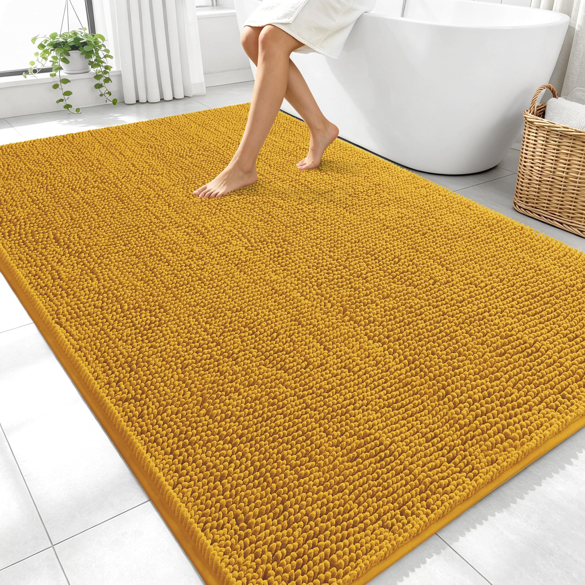 OLANLY Large Bathroom Rugs 70x46, Extra Soft Absorbent Chenille Bath Rugs | Golden Yellow, Quick-Drying Rubber Backing, Washable Bath Mat for Bathroom Floor, Tub and Shower, Home Decor Accessories