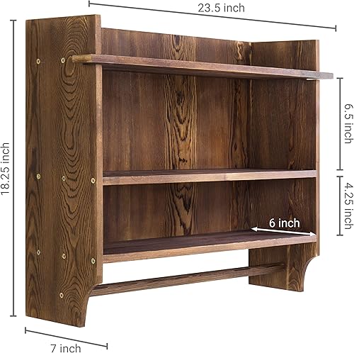 Miniatura 2 de MyGift Estantes de almacenamiento de baño de madera maciza quemada rústica de 3 niveles, estante flotante de madera con barra para colgar toallas de