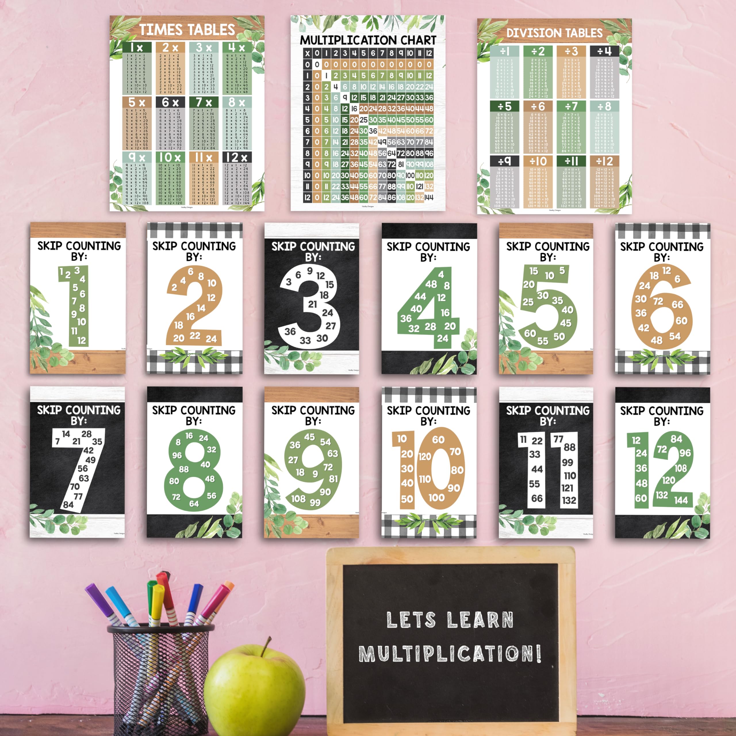 Hadley Designs Multiplication Chart Poster Set - 9 Math Posters for Classroom & Homeschool - Times Tables, Skip Counting, and Division Posters for 2nd-5th Grade Visual Learning