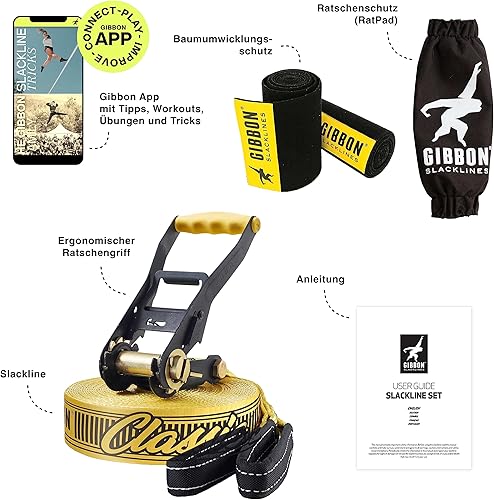 Miniatura 5 de Gibbon Slacklines Classic Line mit Treewear, Gelb, 49.2 ft (41.0 ft de banda + 8.2 ft de banda de ratschenband), inklusive Ratschenschutz,