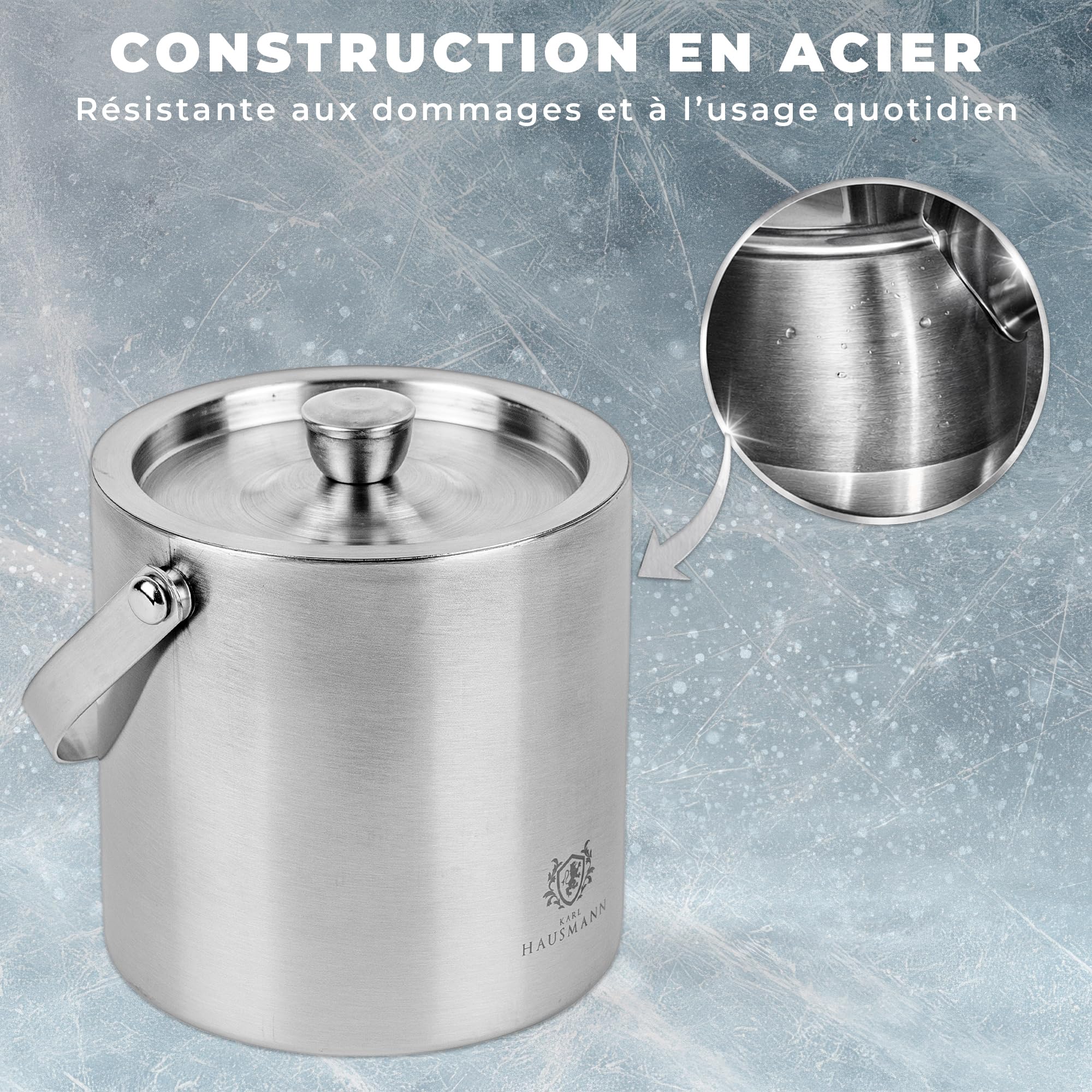 KARL HAUSMANN Seau a Glacon 1,3L avec Couvercle, Pince et Égouttoir - Seau à Glaçons Inox Argent Double Paroi Isotherme, Garde les Glaçons Secs, Idéal Cocktails, Bar, Apéritif