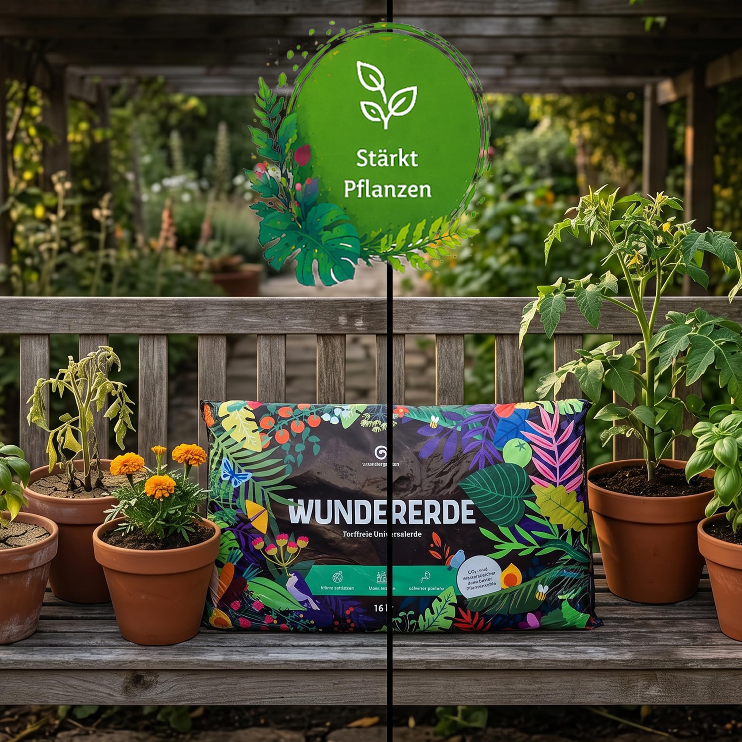 9X 16L Bio Universalerde torffrei – Mit Pflanzenkohle – Wundergarten Wundererde – Blumenerde für Zimmerpflanzen, Balkon & Kräuter – Weniger Gießen & Düngen