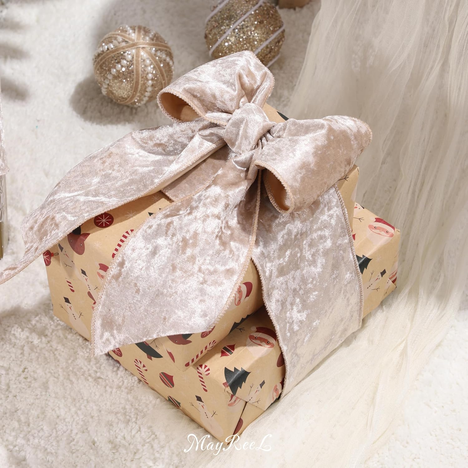 MAYREEL 4 Inch Champagne Gold Crushed Velvet Ribbon Wired Extra Wide Pale Gold for Christmas Decorations Gift Wrapping Wreaths Tree Toppers 10 Yards