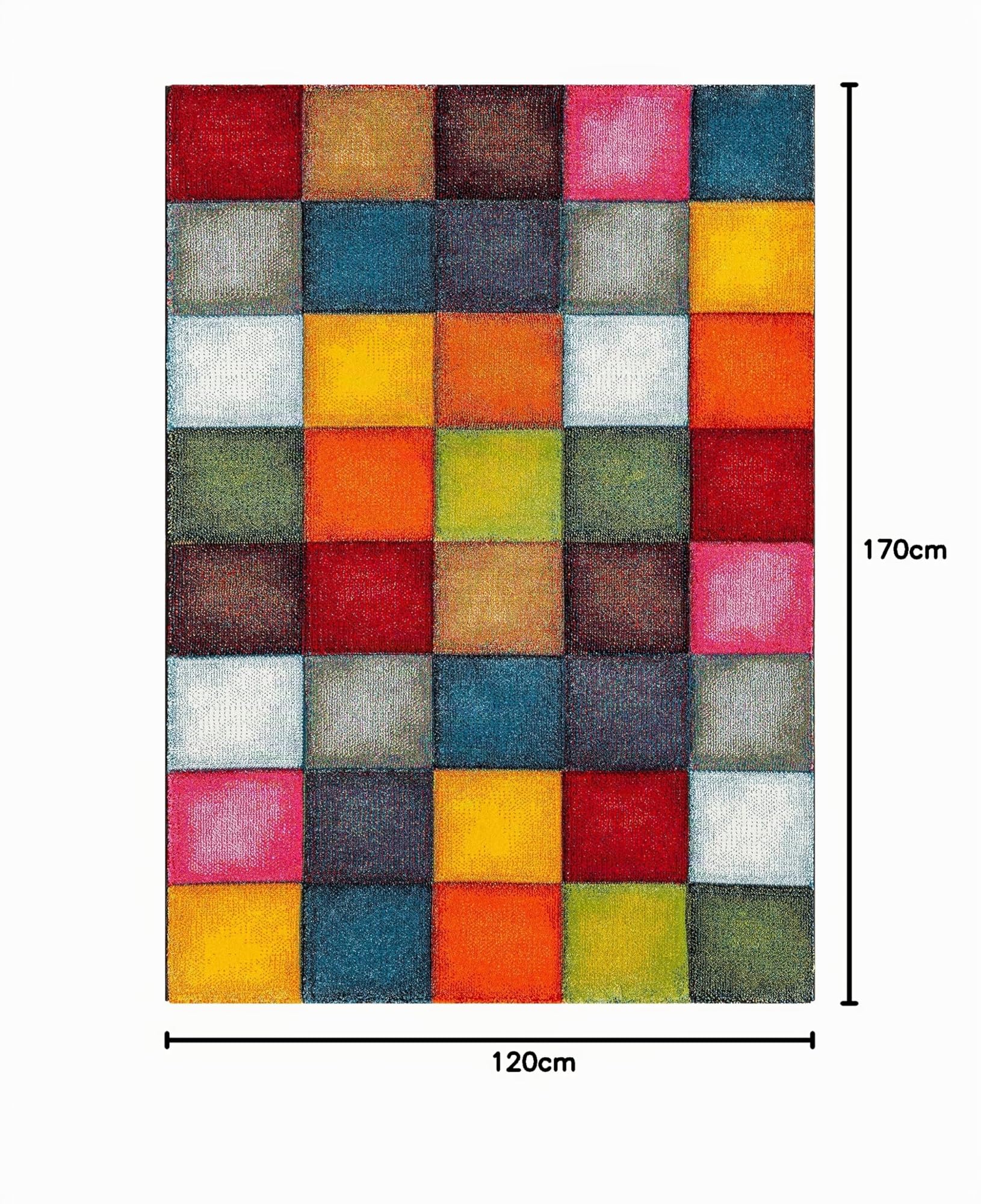 the carpet Monde Deluxe Tapis de Salon à Poils Courts, coloré, Bleu, Rouge, Marron, Vert, Gris, Motif carré 120 x 170 cm