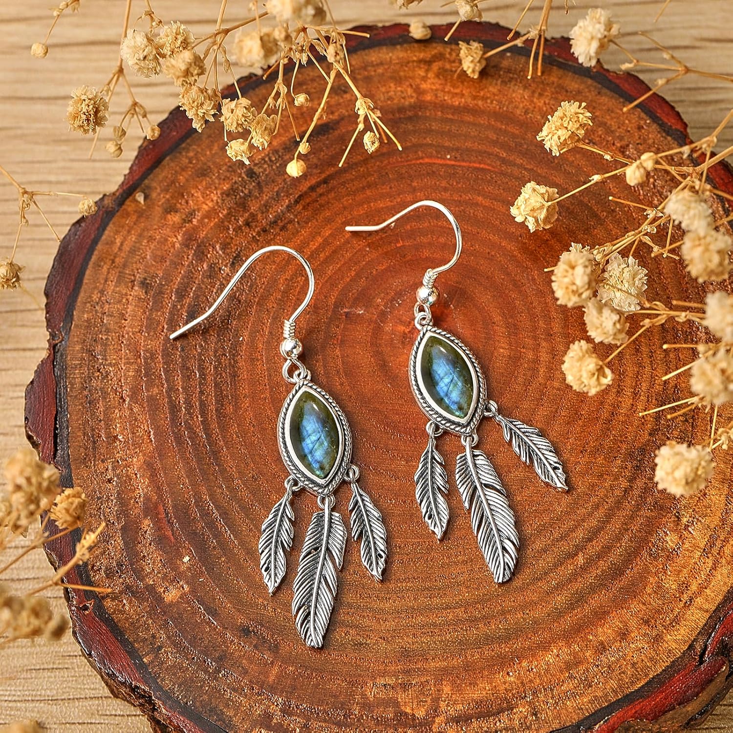 Feather Dangle Earrings for Women 925 Sterling Silver Earrings Teal Turquoise/Turquoise/Labradorite/Moonstone Drop Earrings with Feather Boho Vintage Leaf Hook Earrings Western Jewelry Gifts - Image 4