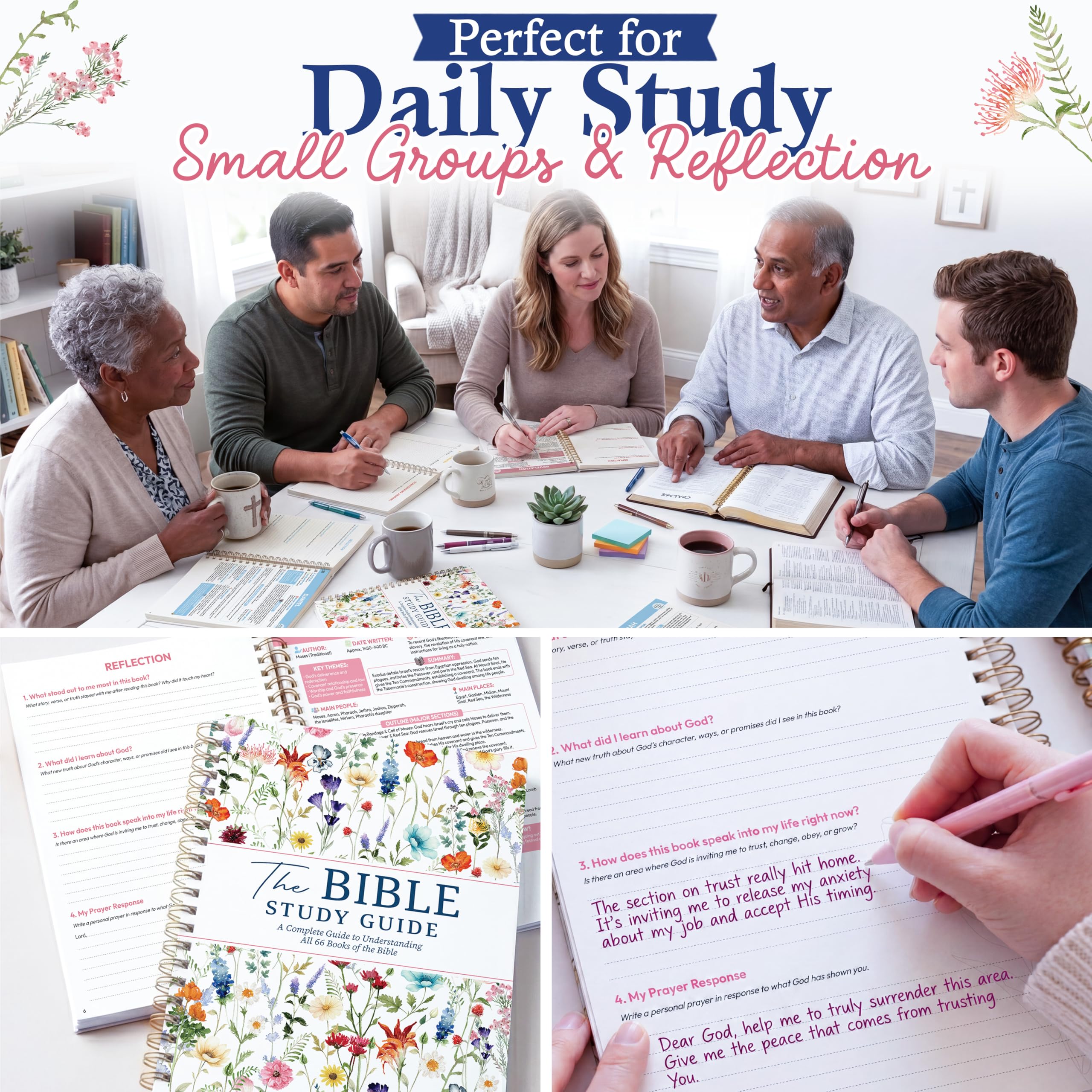 Wildflower Bible Study Guide für Frauen - Anfängerfreundliches Studium aller 66 Bücher mit Lebensanwendung & Reflexionsnotizen | Premium Lay-Flat Hardcover Andachtsjournal mit goldener Spiralbindung