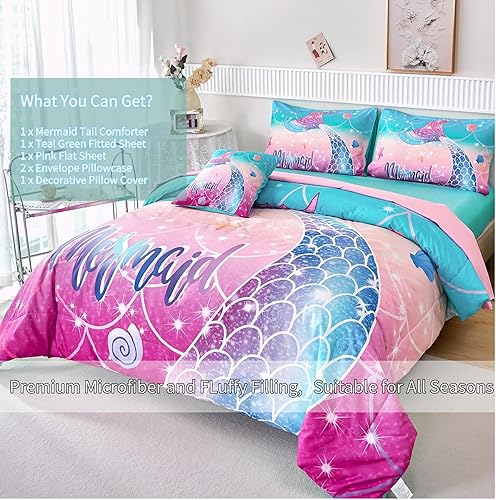 Miniatura 2 de RYNGHIPY Juego de edredón para niñas y niñas, 6 piezas, cama de sirena en una bolsa, tamaño matrimonial, juego de ropa de cama con estampado de cola