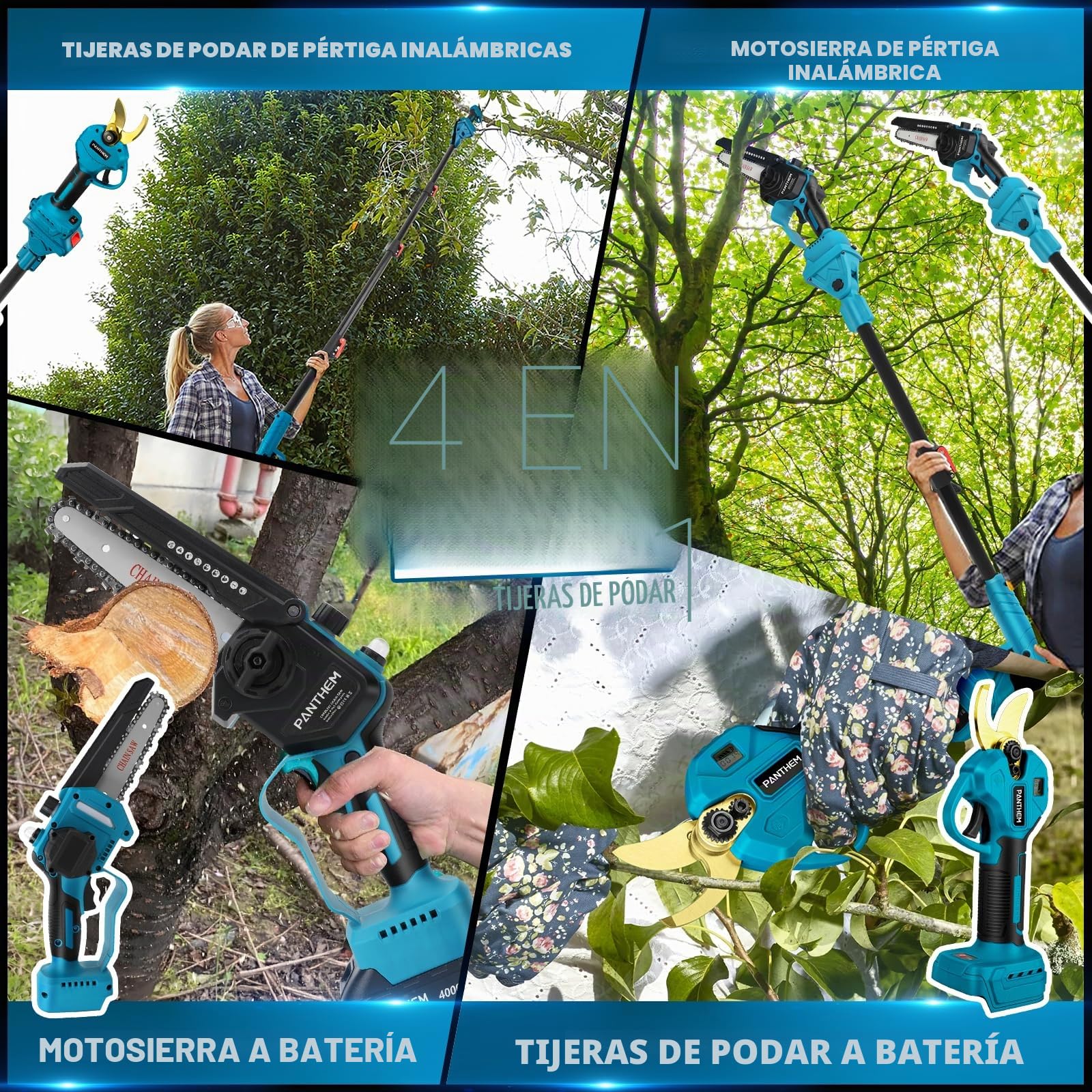 Mini motosierra 4 en 1 con batería y sierra telescópica 21 V 4000 mAh | de 45 mm para Makita 18 V, tijeras de podar eléctricas, tijeras de podar con barra telescópica