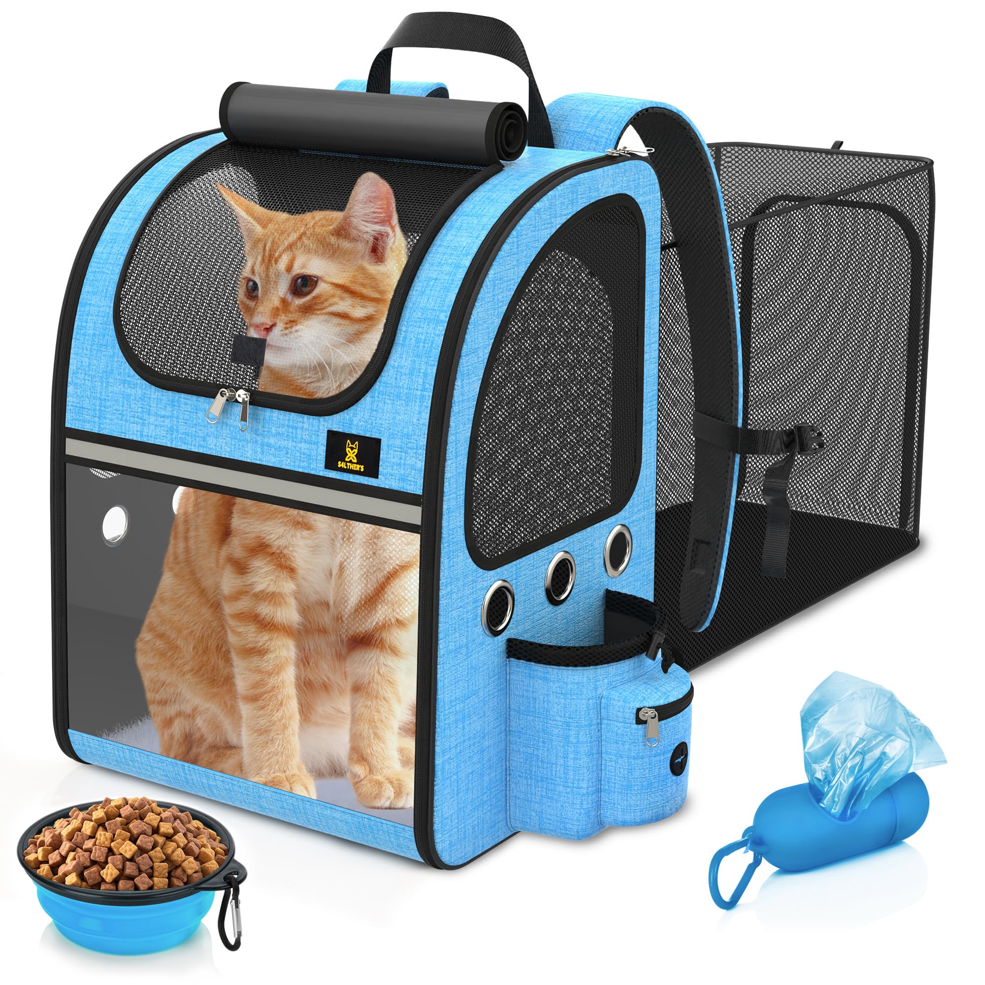 S4LTHER'S Mochila Gato - Mochila para Gatos Expandible - Mochila para Perros con Bebedero y Arnés Peso Maximo 8 kg - Mochila Gatos Transporte Expansible con Correa - Trasportines Gato - Mochila Perro