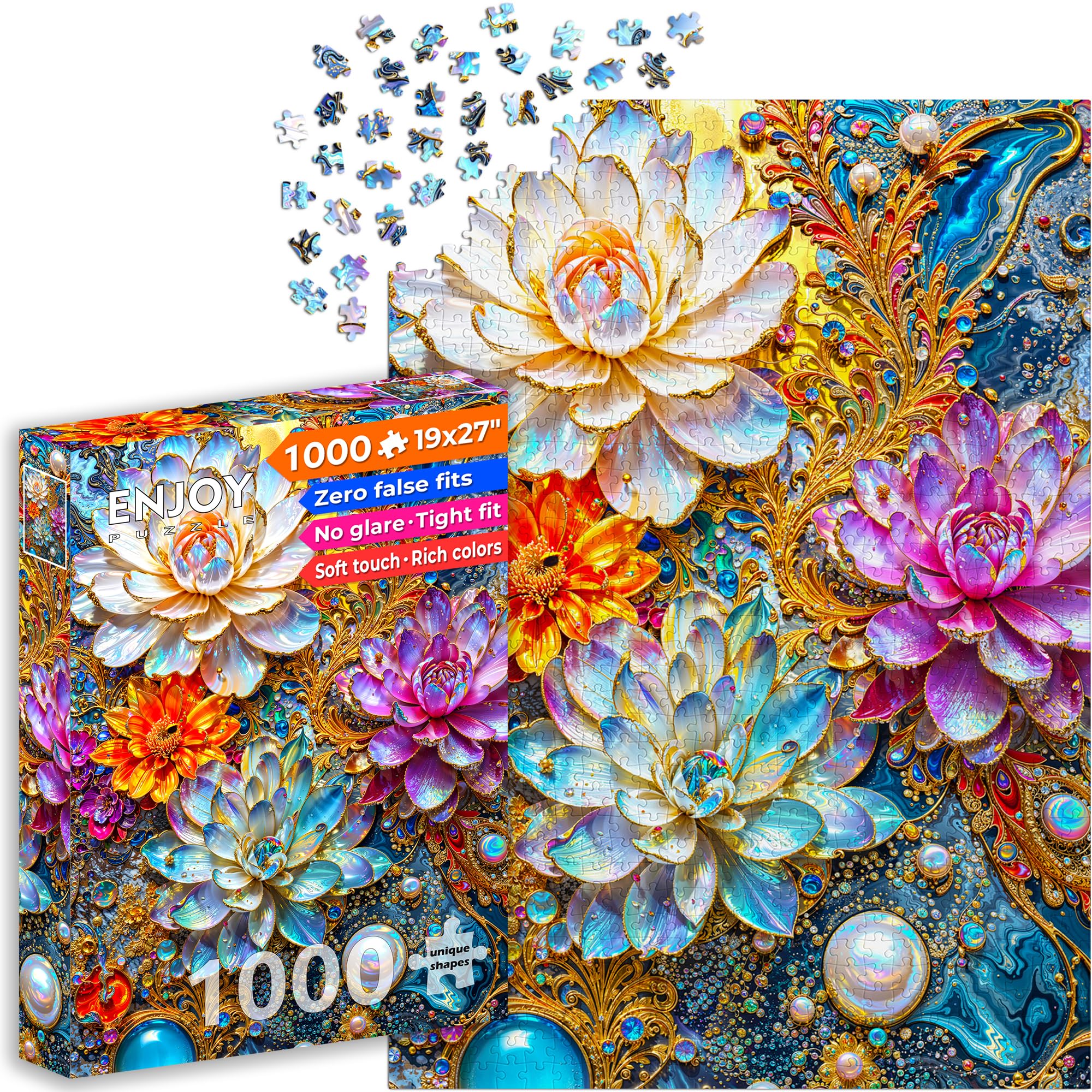 Puzzle 1000 elementów dla dorosłych - Perłowe lilie wodne w opalizacji | Matowe wykończenie antyrefleksyjne | Zabawne i wymagające | 68 x 48 cm | Wyjątkowy prezent | ENJOY
