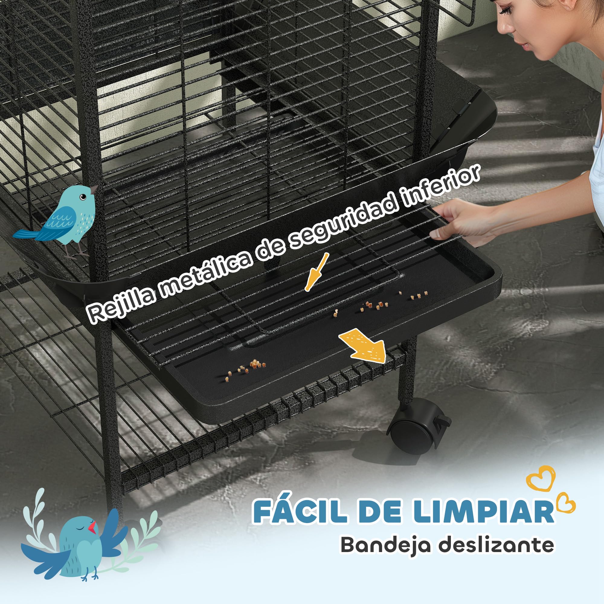 PawHut Jaula para Pájaros Jaula para Loros con Ruedas Perchas Comederos Estante y Bandeja Extraíble Pajarera para Cacatúas Cotorras 62,5x62,5x146 cm Gris Oscuro