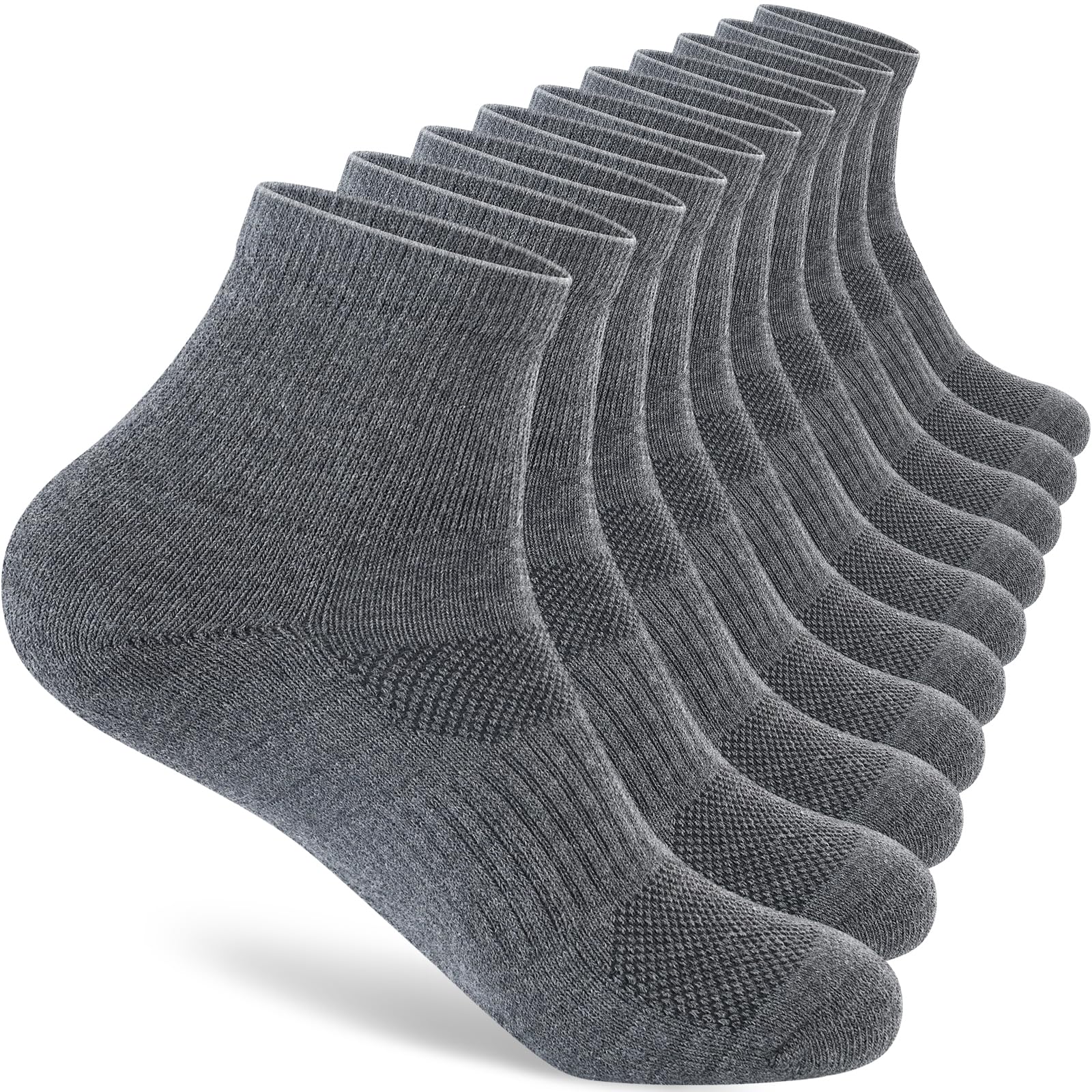 Monxiery Mens 100% Cotton Cushioned Ankel Socks, Moisture Wicking Breathable Athletic Performance Running Quarter Socks, 5 Pairs Grey, L/XL