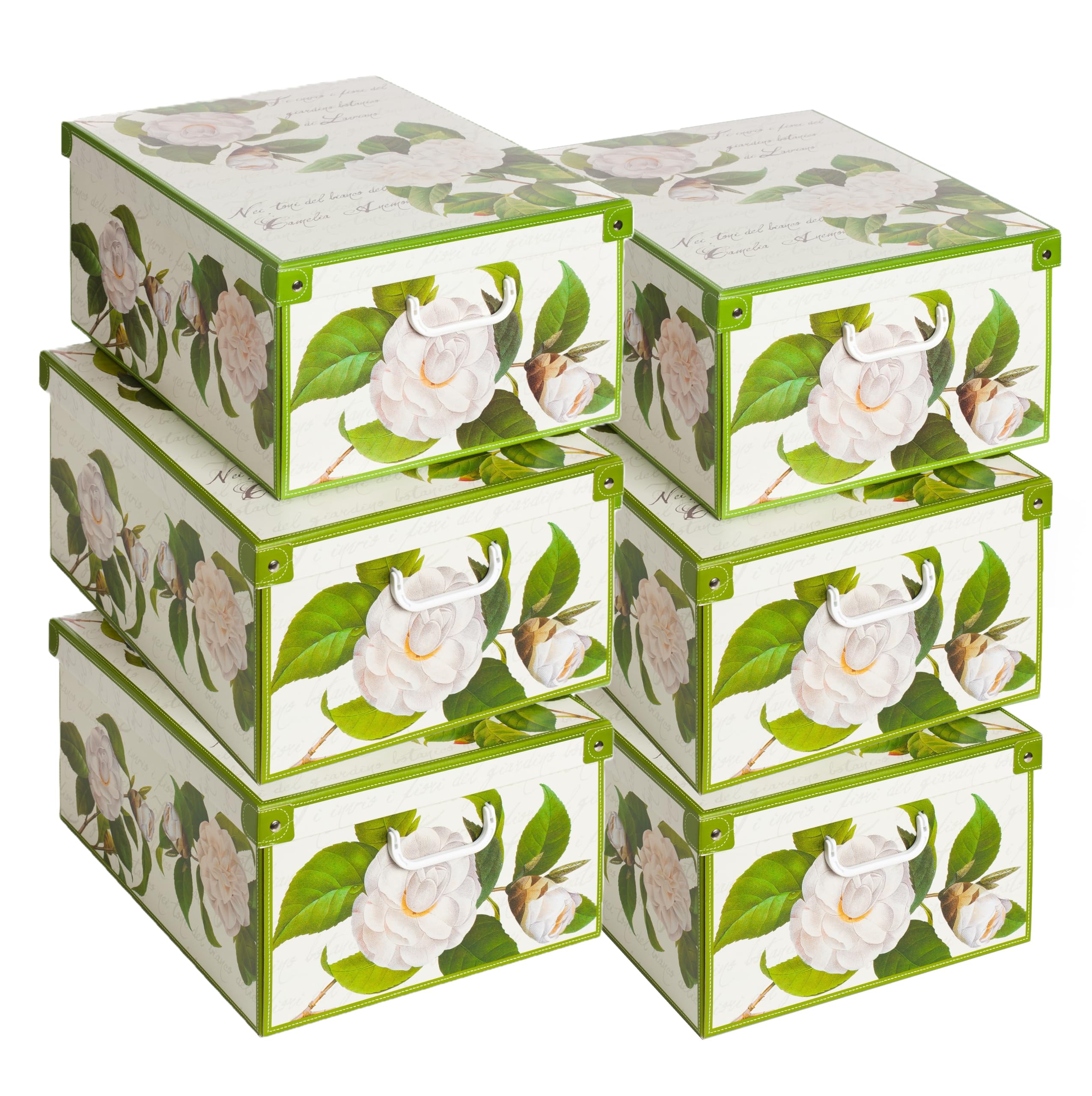 Lavatelli Set of 6 Storage Boxes Camellias Print with Lids & Handles, Cardboard Wardrobe Organisers for Clothes, Stackable Storage Bins 39x50x24 cm