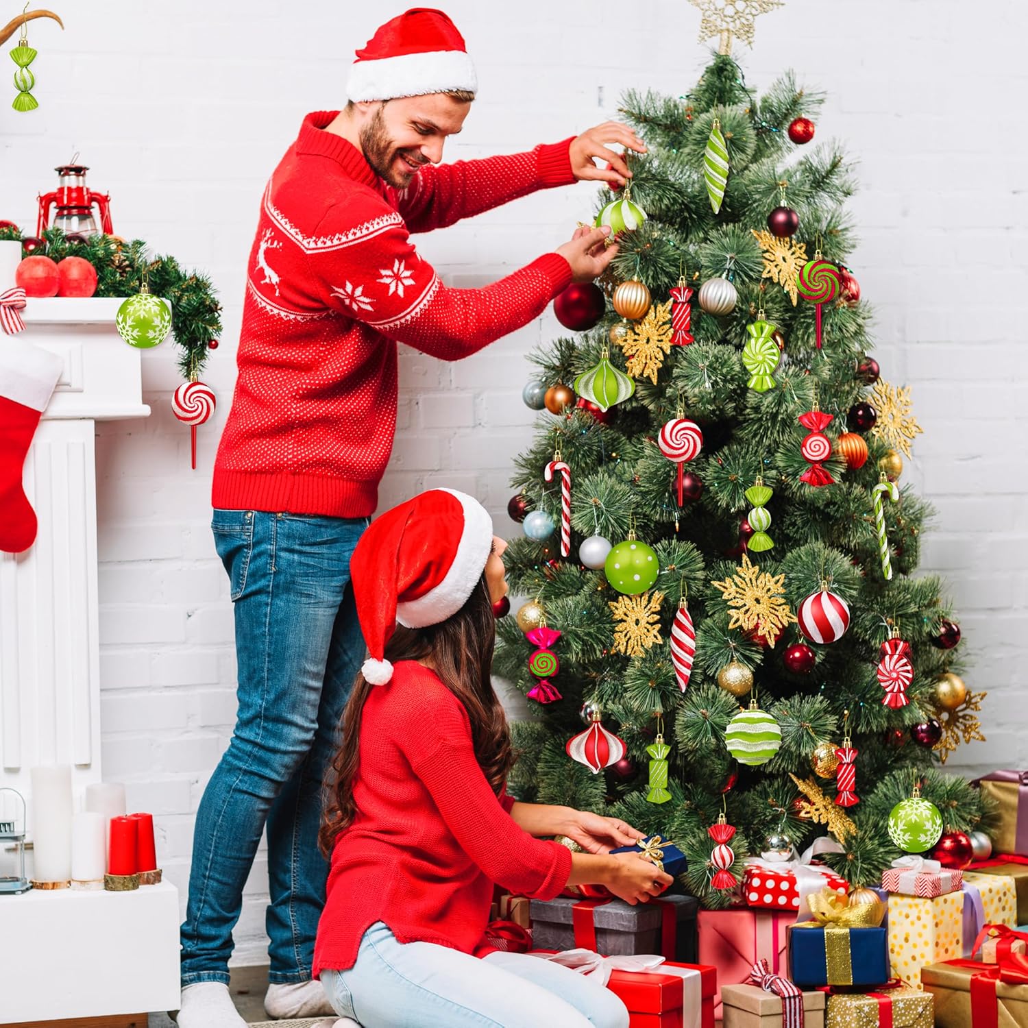 Christmas Ornaments Candy Lollipop Set -48Pcs for Xmas Tree Decoration Hanging Plastic Gloss Candy Canes Ball Pendants for New Year Home Decor Party Supplies (Red White Green)