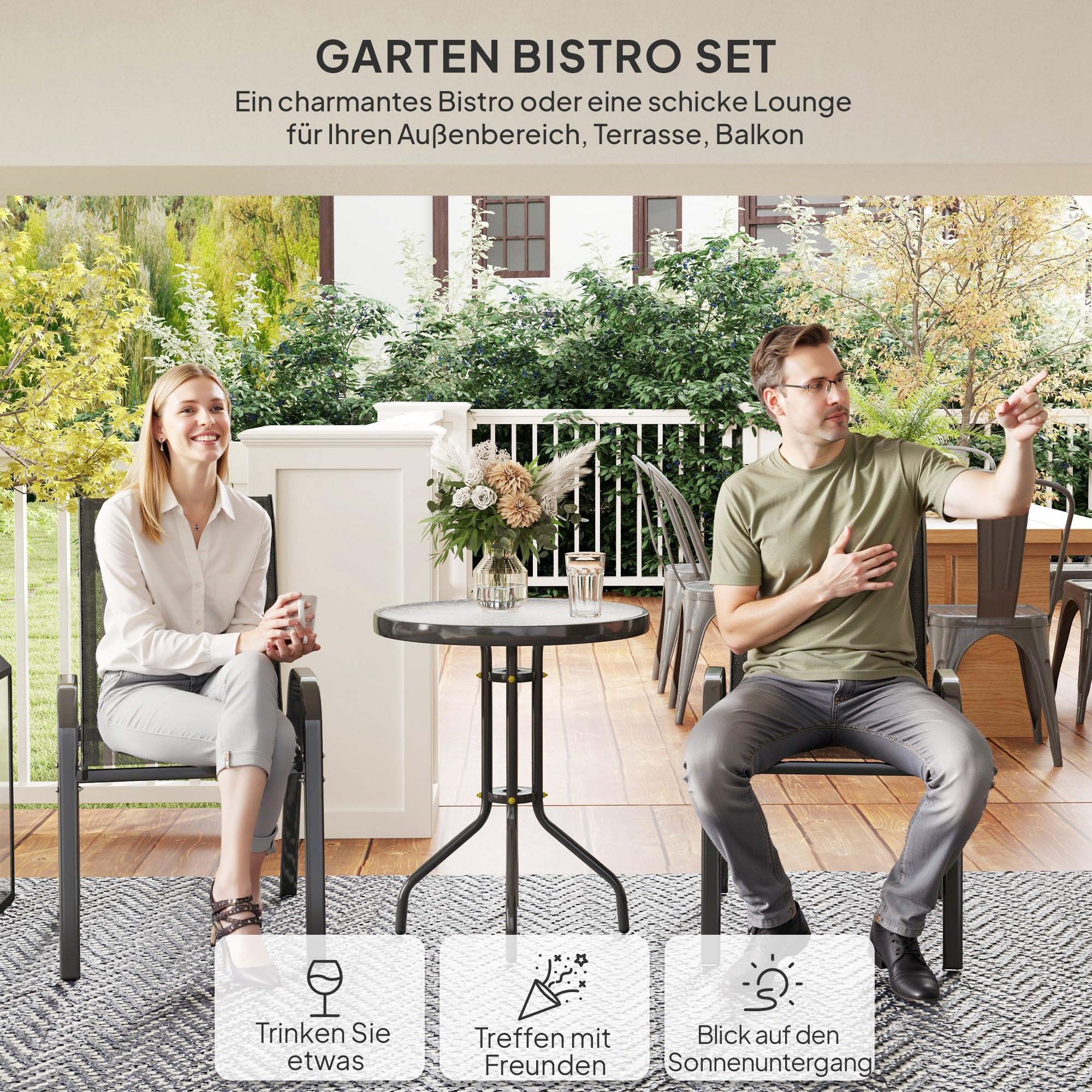 Outsunny Bistro-Set Garten-Set 3-teilig Wetterfest Glastisch Schwarz | Gartenmöbel, Stapelbare Gartenstühle, Balkonmöbel Set, Sitzgruppe, Balkonset, Gartengarnitur