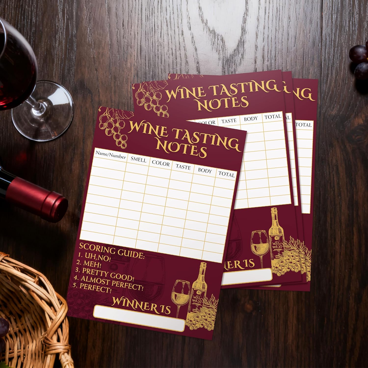 30 Pcs Wine Tasting Scorecards, 7.09 × 4.9 Inch Wine Tasting Notes Cards, Thick Cardstock Blind Tasting Party Supplies for Wine Night and Tasting Events