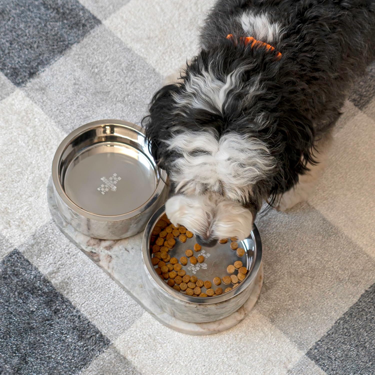 DBL1000C Marbre Small/Medium Modern Weighted Double Marble and Stainless Steel Bowl 12oz (1.5 Cups) Feeder with Non-Slip Marble Tray Set, Beige/Gray