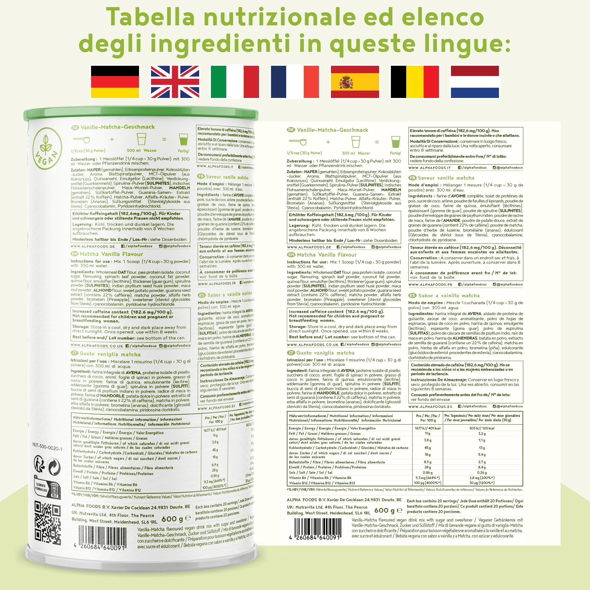Frullato Proteico | Matcha alla Vaniglia | 600g proteine in polvere | pasto sostitutivo vegano, ricco di vitamine e nutrienti | ideale per colazioni sane | Energia a lungo rilascio | Alpha Foods