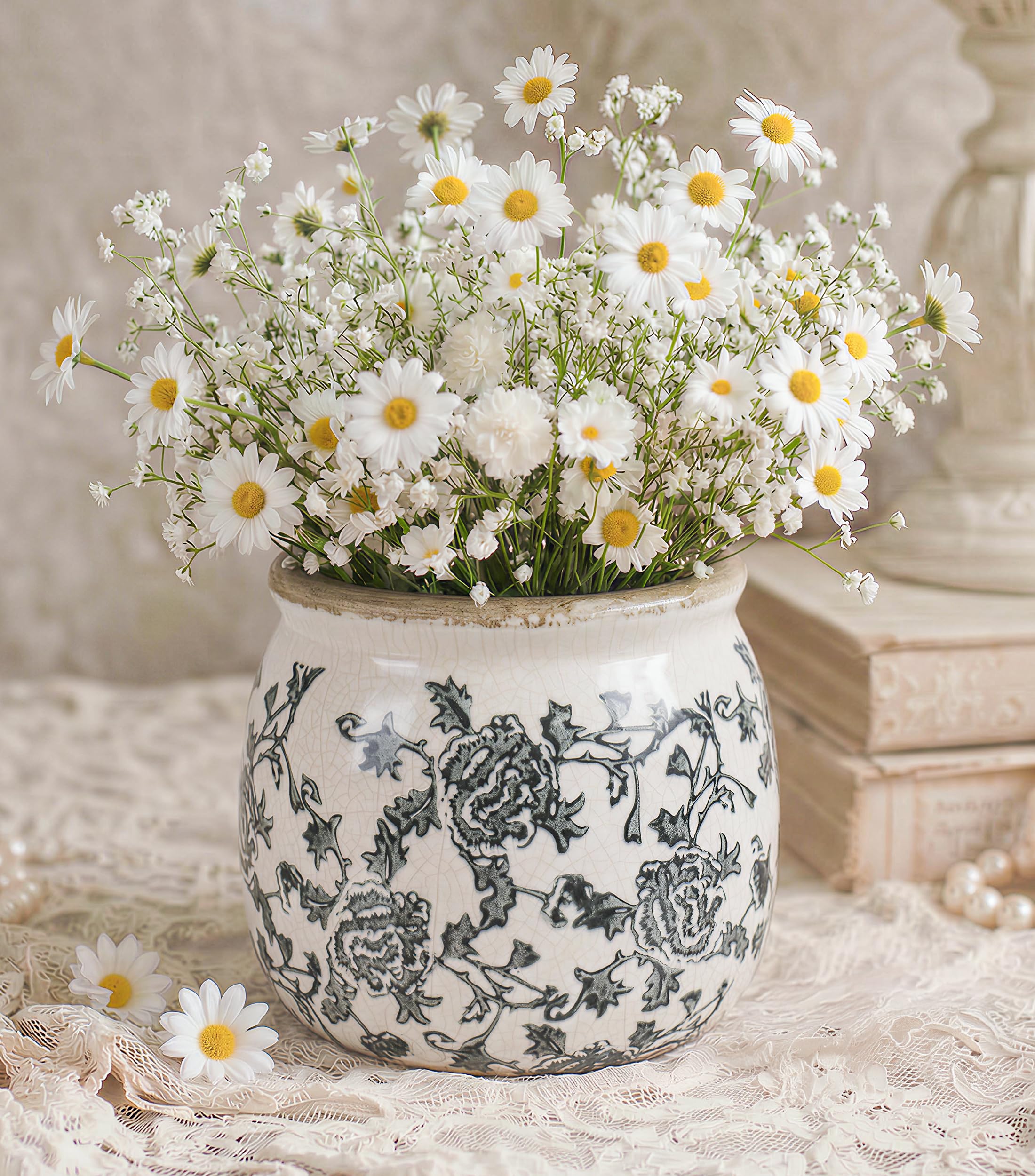 DREAMLOOM Vintage Ceramic Planter for Indoor Plants,6.1" Ice Crack Cottage Scroll Vase Tuscan Decor Flower Pots with Drainage Holes Home Kitchen Farmhouse Antiq