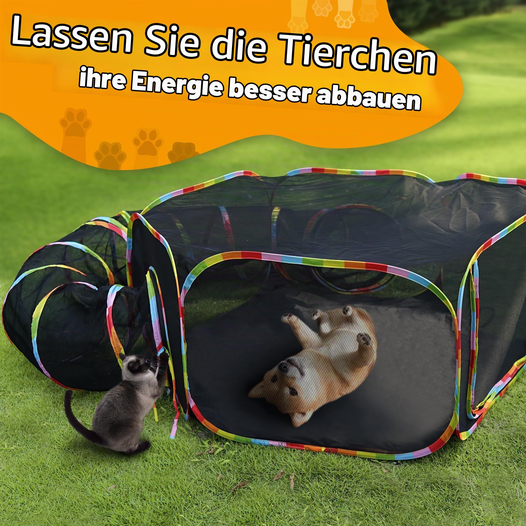 Katzentunnel und Spielzelt Outdoor farbig Netzgehege mit Verbindungstunnel