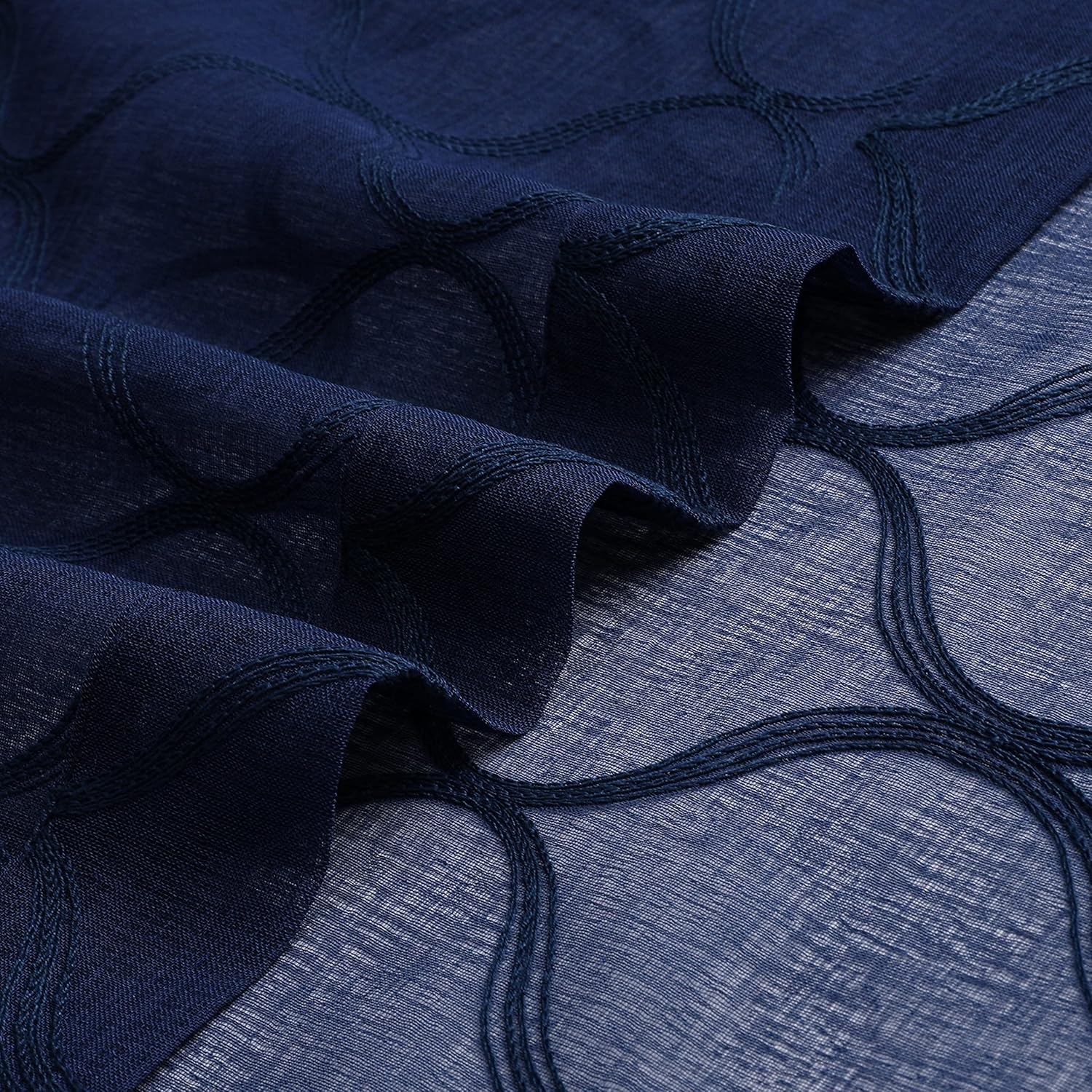 Bujasso Navy Blue Sheer Curtains 63 inch 2 Panels Embroidered Geometric Light Filtering Window Curtains for Living Room Bedroom Modern Moroccan Window Treatment Set Navy Drapes Grommet Top W38"xL63"x2