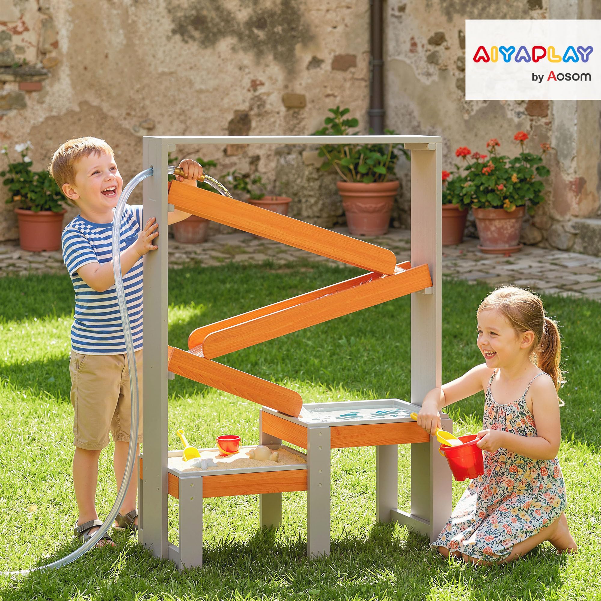 AIYAPLAY Sand Wasserspieltisch Holz, Wasserbahn, Kinder 3-8 Jahre, Grau | Holz Wassertisch, Matschtisch, Strandtisch Sandkastentisch, mit 2 Becken