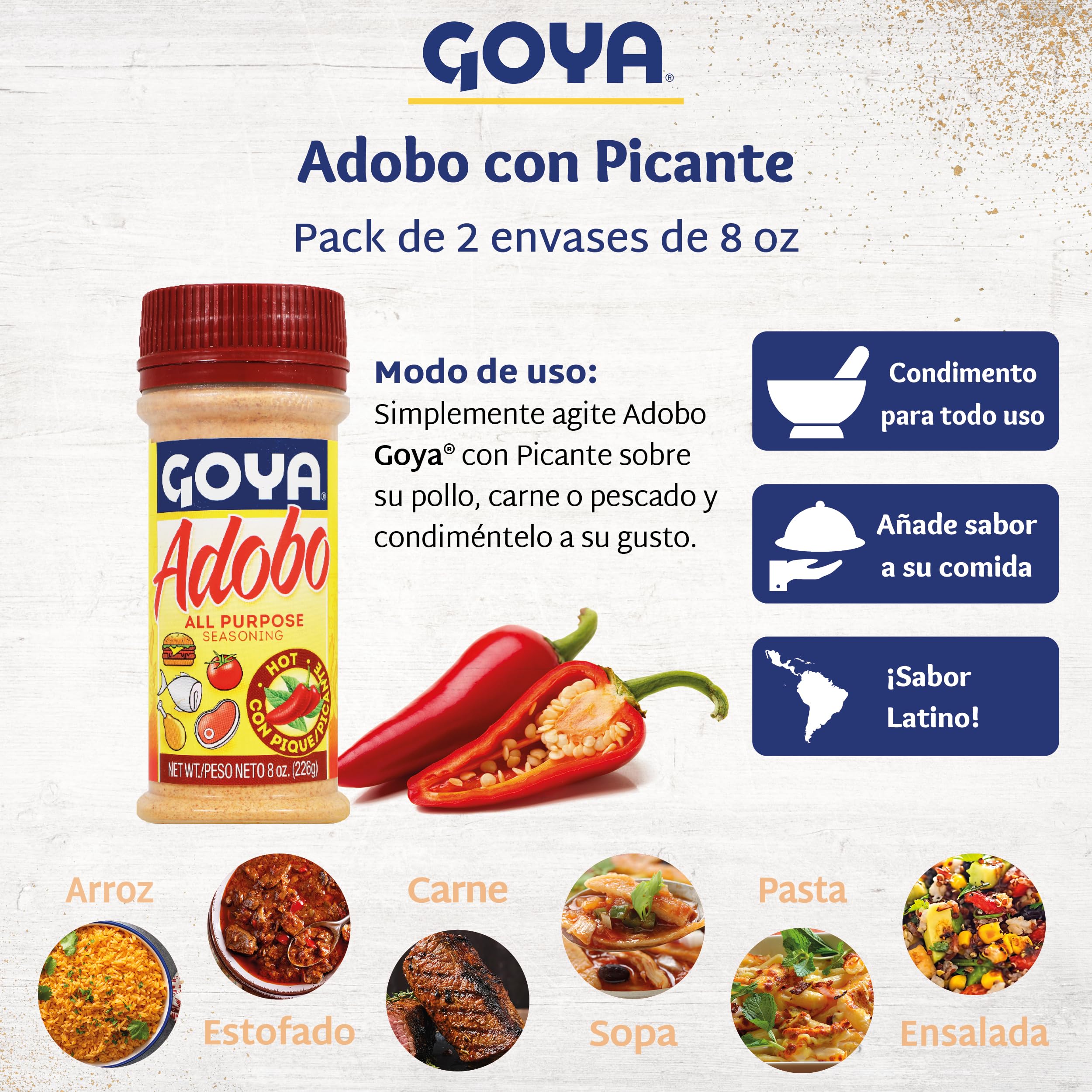 Adobo Hot All Purpose Spice by Goya, Poultry, Seafood, Meat, and Vegetable Seasoning, Latin Spicy Blend, Mexican Seasoning, Pack of 2, 8oz. Bottle