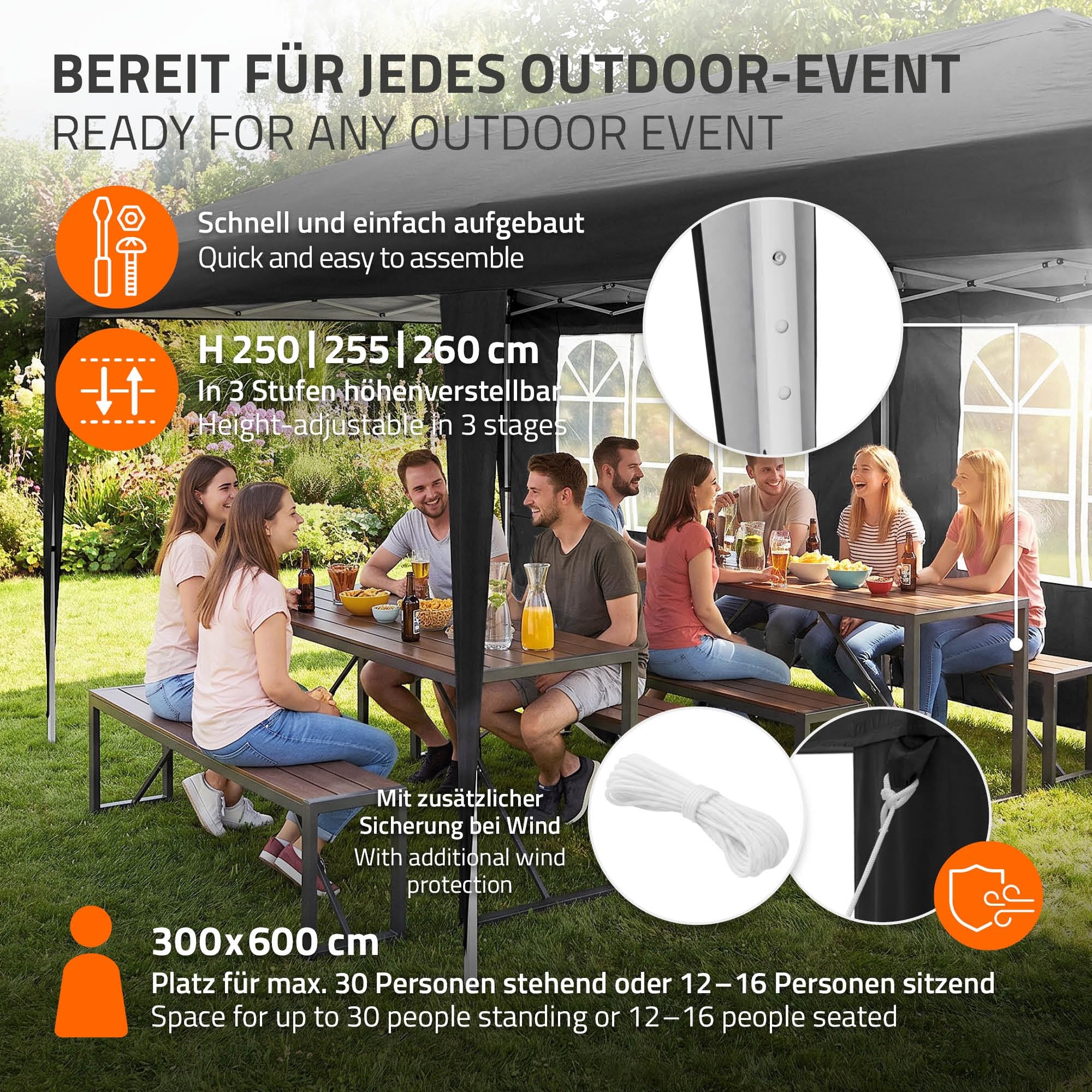 ECD Germany Carpa Plegable 3x6 m para Exteriores, Impermeable y Resistente al Viento, Pergola de Jardín, Cenador con 6 Paredes Laterales, Gazebo Negro Altura Regulable, para Fiestas, Camping, Eventos