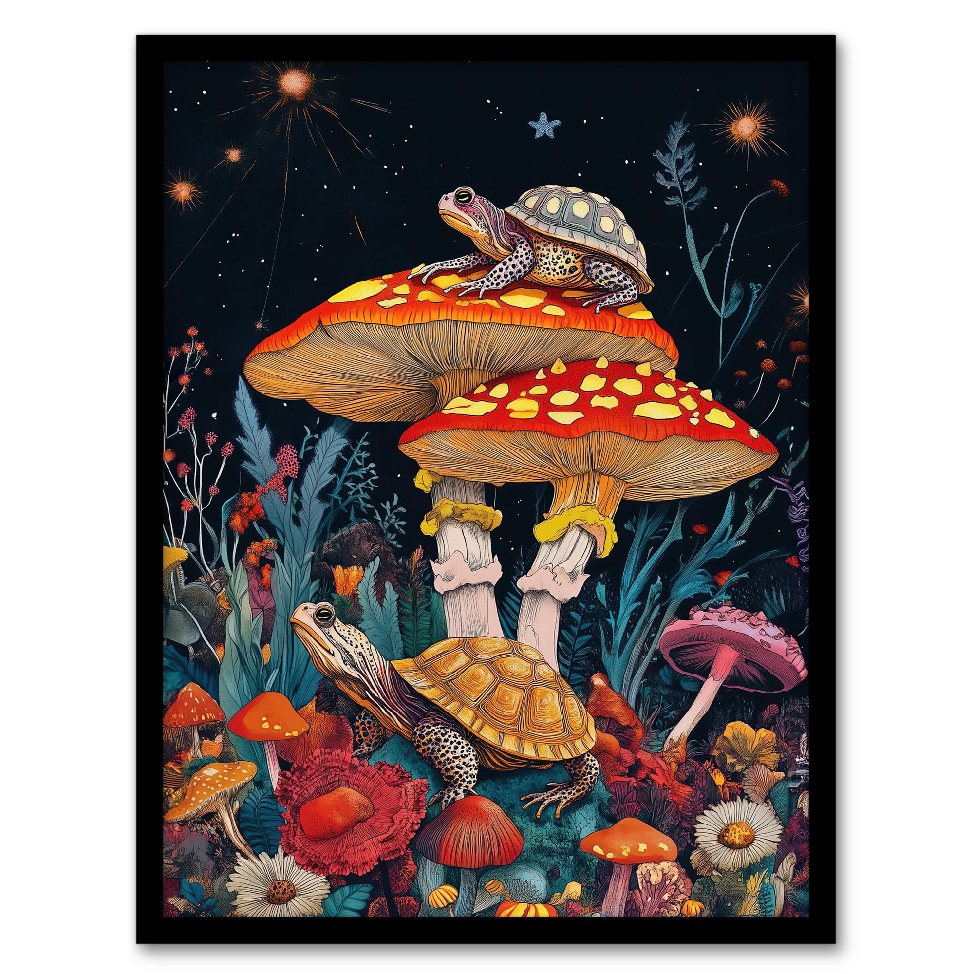 Artery8 Turtle Toads Colourful Psychedelic Magic Mushroom Living Room Artwork Framed Wall Art Print A4