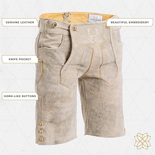 Miniatura 4 de BAVARIA TRACHTEN Lederhosen - Disfraz de Oktoberfest para hombre, cuero auténtico, color marrón hongo corto
