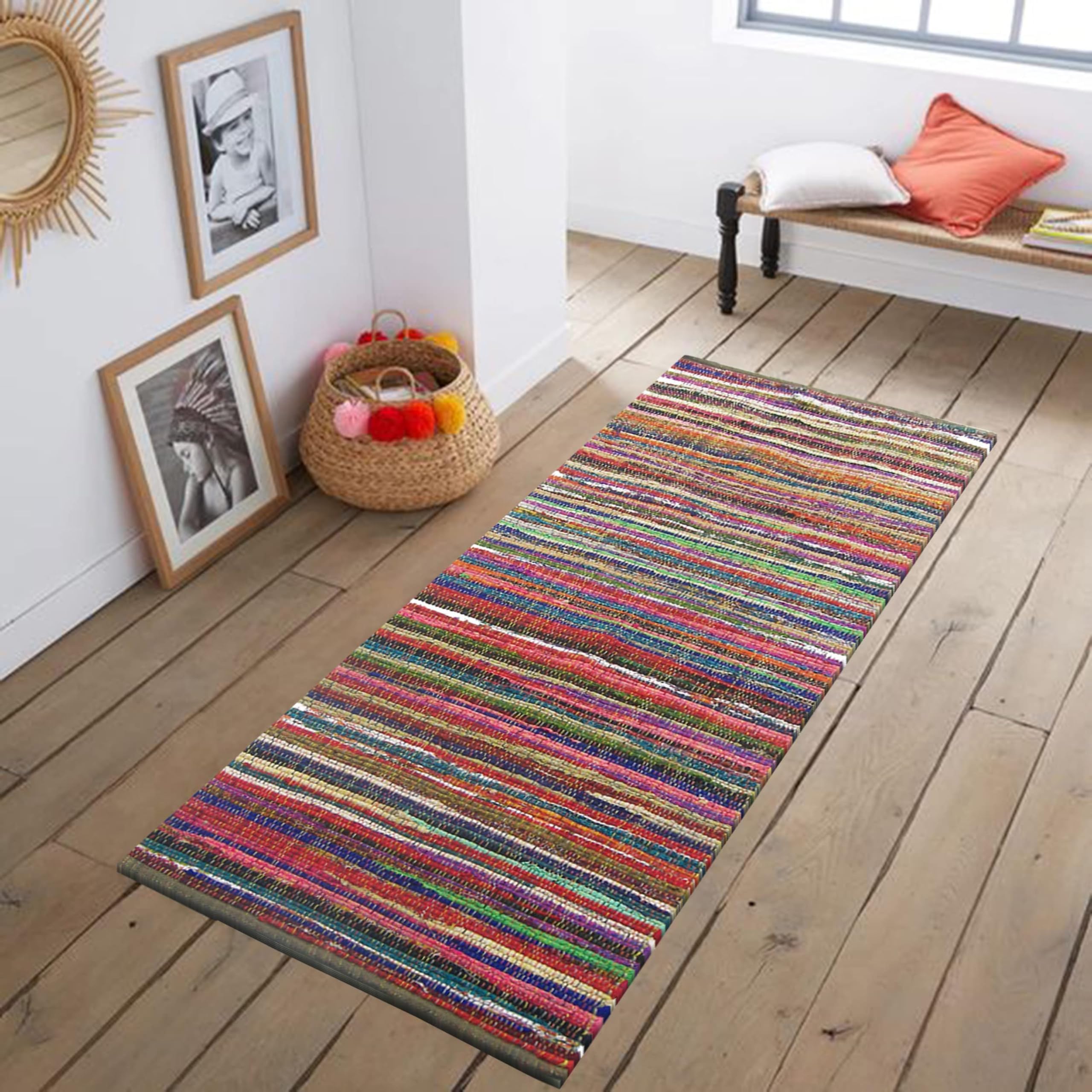 Eco Friendly 100% Recycled Cotton Colorful Chindi Runner Area Rug - 2'x5'