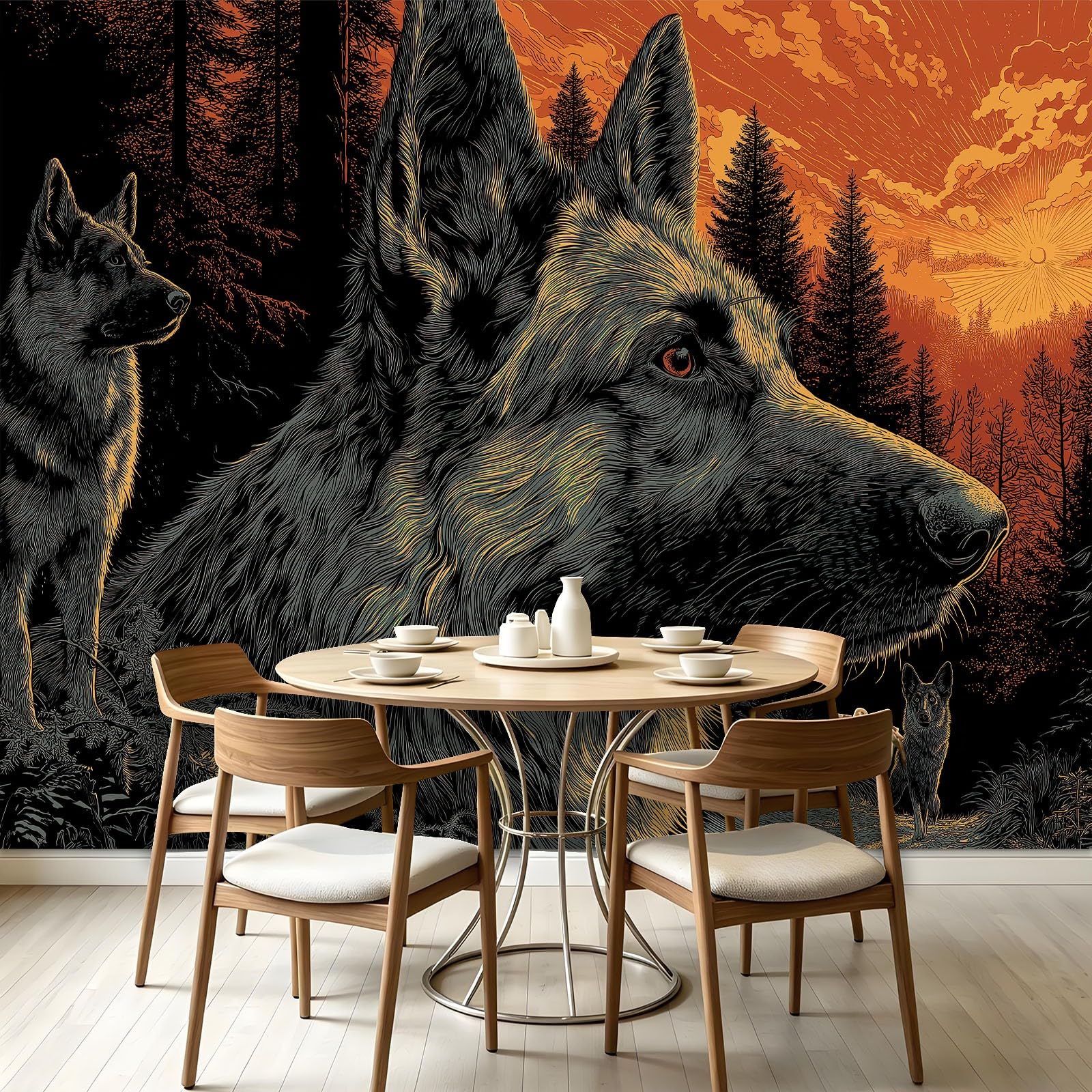 Panoramiczna tapeta z włókniny natura las zwierzęta, 350 x 256 cm, tapeta z włókniny, dekoracja do salonu i sypialni, efekt 3D, owczarek niemiecki wilk sosnowy zachód słońca