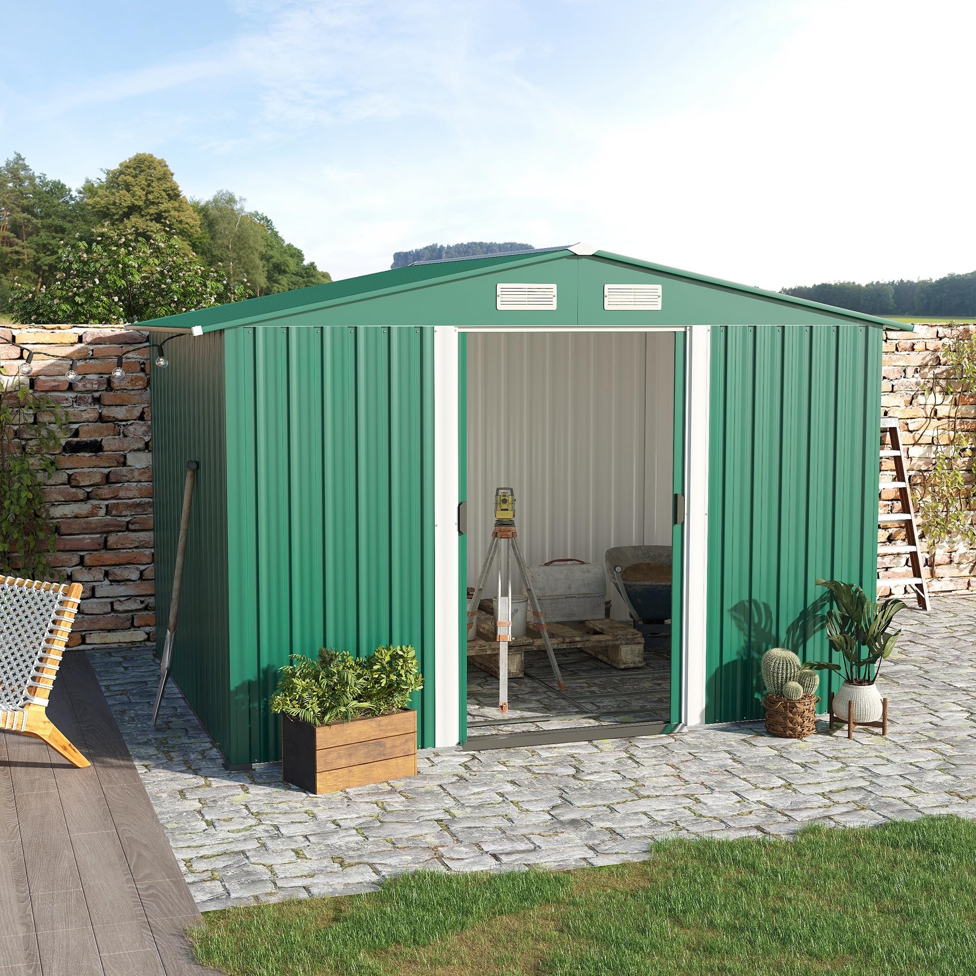 Outsunny Casetta da Giardino Porta Utensili con Base 258x206x178cm Verde | Lamiera di Acciaio, Capanno da Giardino in Acciaio, Porte Scorrevoli