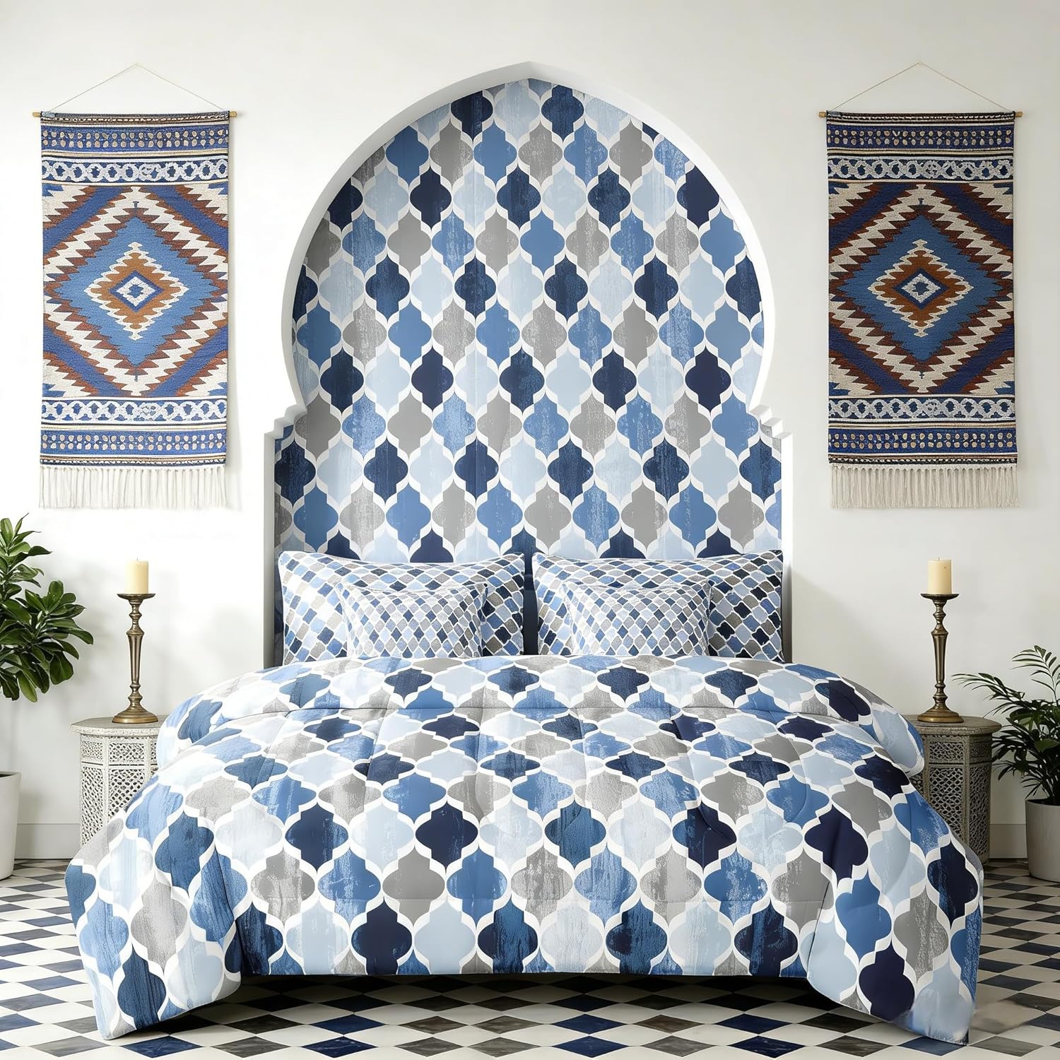 Geometric Grid Line Stripe Comforter Twin Size,Abstract Plaid Checkered Patchwork 7 Pcs Bedding Set,Geometric Artwork Modern Decor,Blue Black Chic （Fitted+Sheet+2 Pillowcases+2 Throw Pillow Covers）