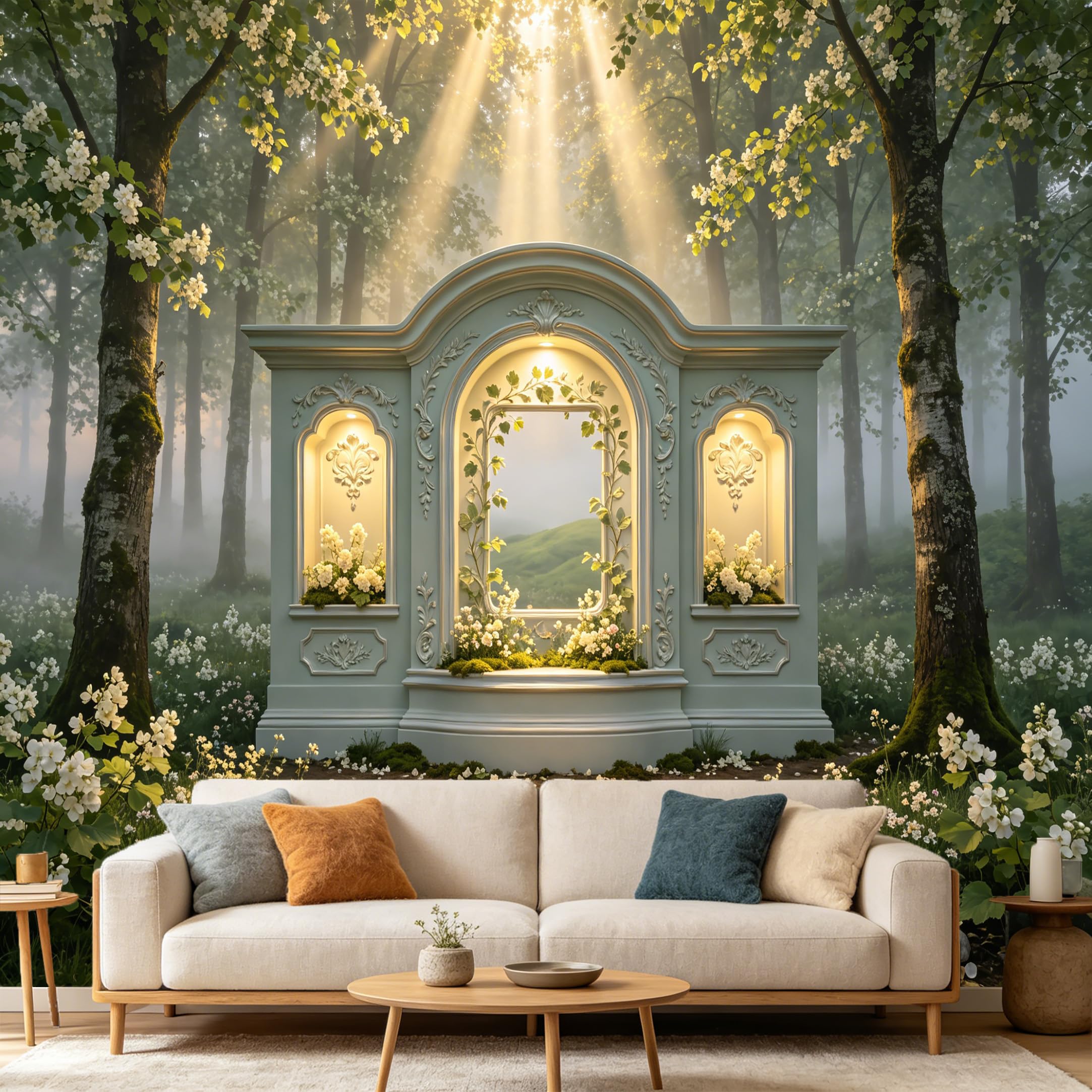 Custom Size Wall Mural， Forest Sunbeam Archway Neoclassical Botanical， SelfAdhesive Art Prints wall Fabric Removable Large Wallpaper Home Living Room Decor Modern 3D Mural